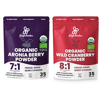 Jungle Powders Immunity Bundle Freeze-Dried 5oz Organic Aronia Berry & 5oz Organic Wild Cranberry Powders - High in Antioxidants, Flavonoids, Perfect for Vegan & Gluten-Free Diets
