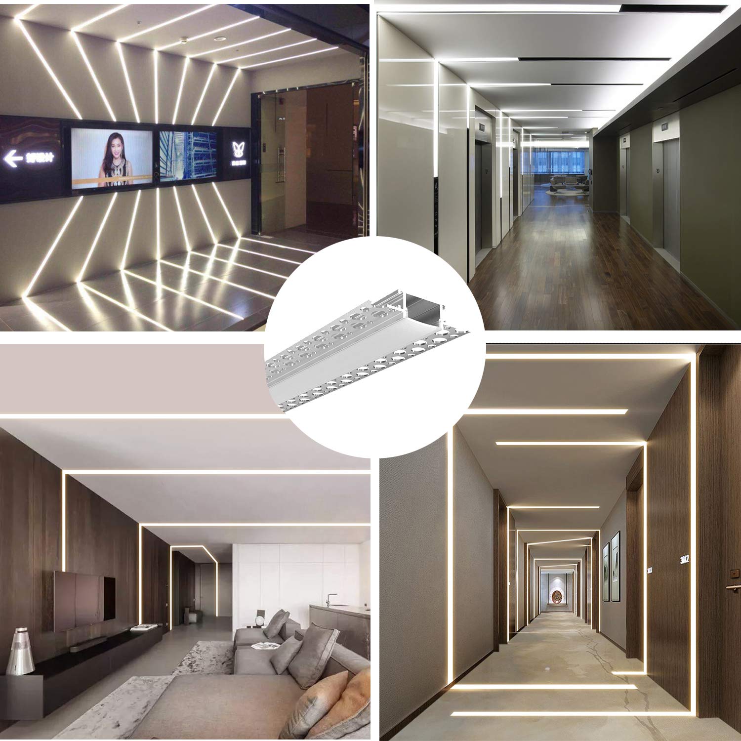 Tynkowo-aluminiowy kanał LED bez trymera do zabudowy, 6 sztuk 1 m z kołnierzem do taśmy LED, płyty gipsowo-kartonowe LED aluminiowy profil z dyfuzorem zaciskowym i zaślepkami końcowymi