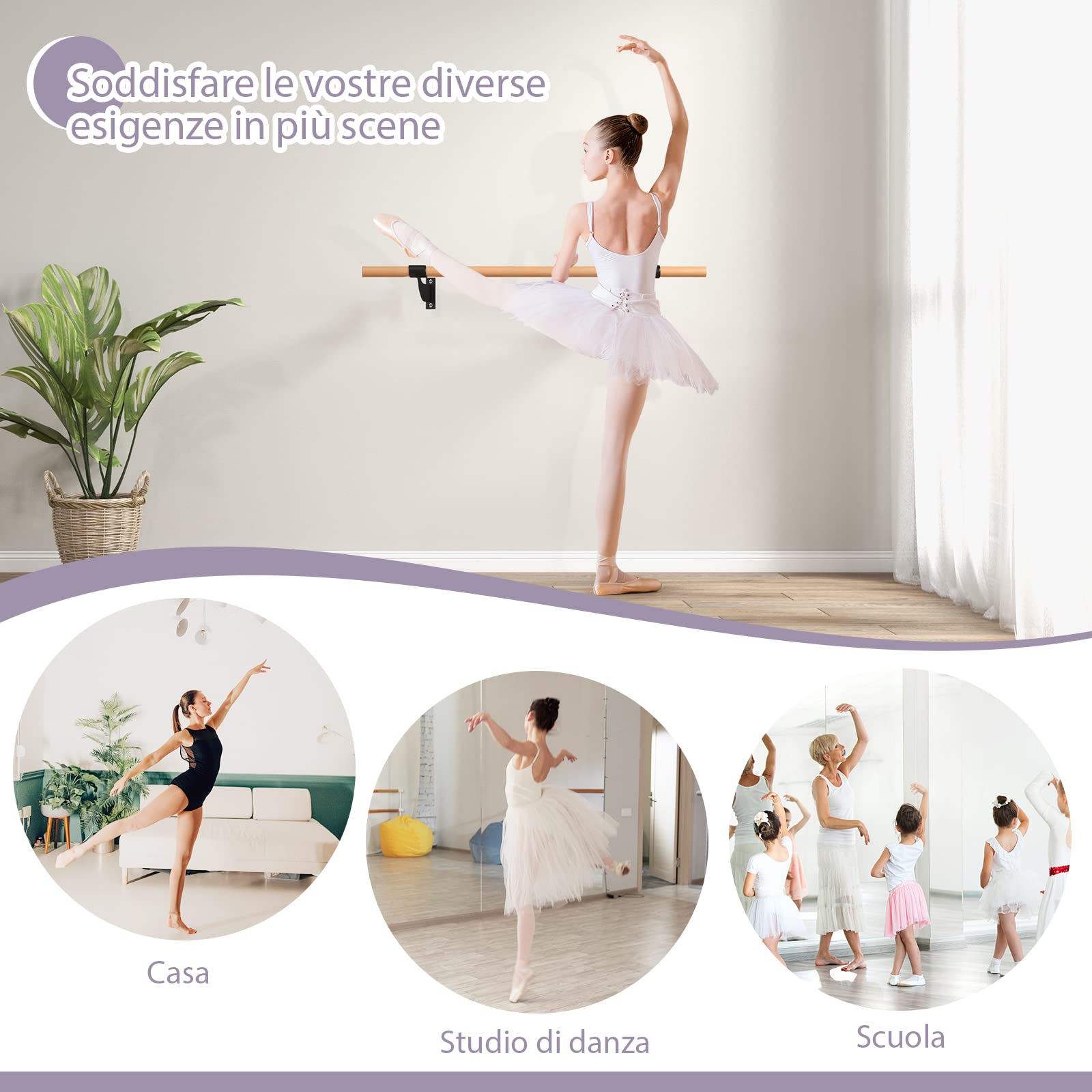 COSTWAY Sbarra Danza Classica da Parete, Barra per Balletto Singola, Idelae per Yoga, Stretching, Allenamento e Pose di Balletto, 120 x 15,5 x 31 cm