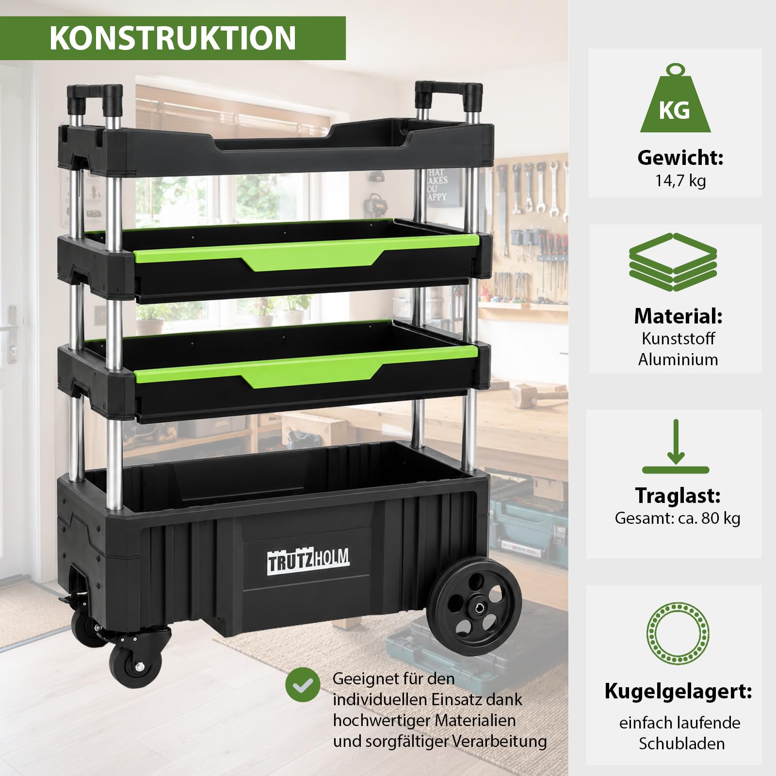 TRUTZHOLM Montagewagen klappbar mobil transportabel 67,5 x 40 x 95 cm Traglast 80 kg 4 Ablagefächer leer