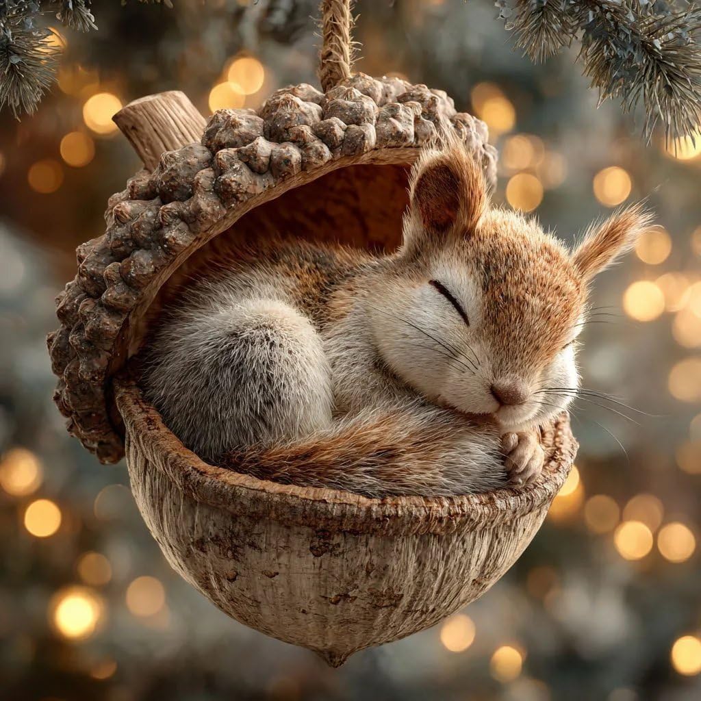 3D Forest Animal Acorn Ornaments, Woodland Christmas Decor with Realistic Animal Figures, Resin Hanging Ornaments for Christmas Tree, Home, Party Decor, Cozy Forest Theme Collection (Squirrel)