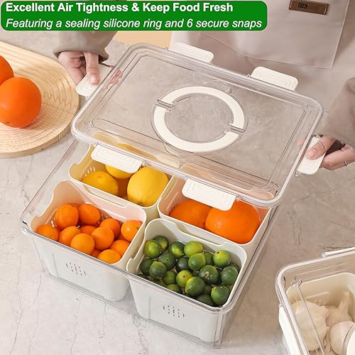 Miniatura 10 de Taiuloo Bandeja dividida para verduras con tapa hermética, 4 compartimentos, caja extraíble para aperitivos, contenedor de charcutería, organizador