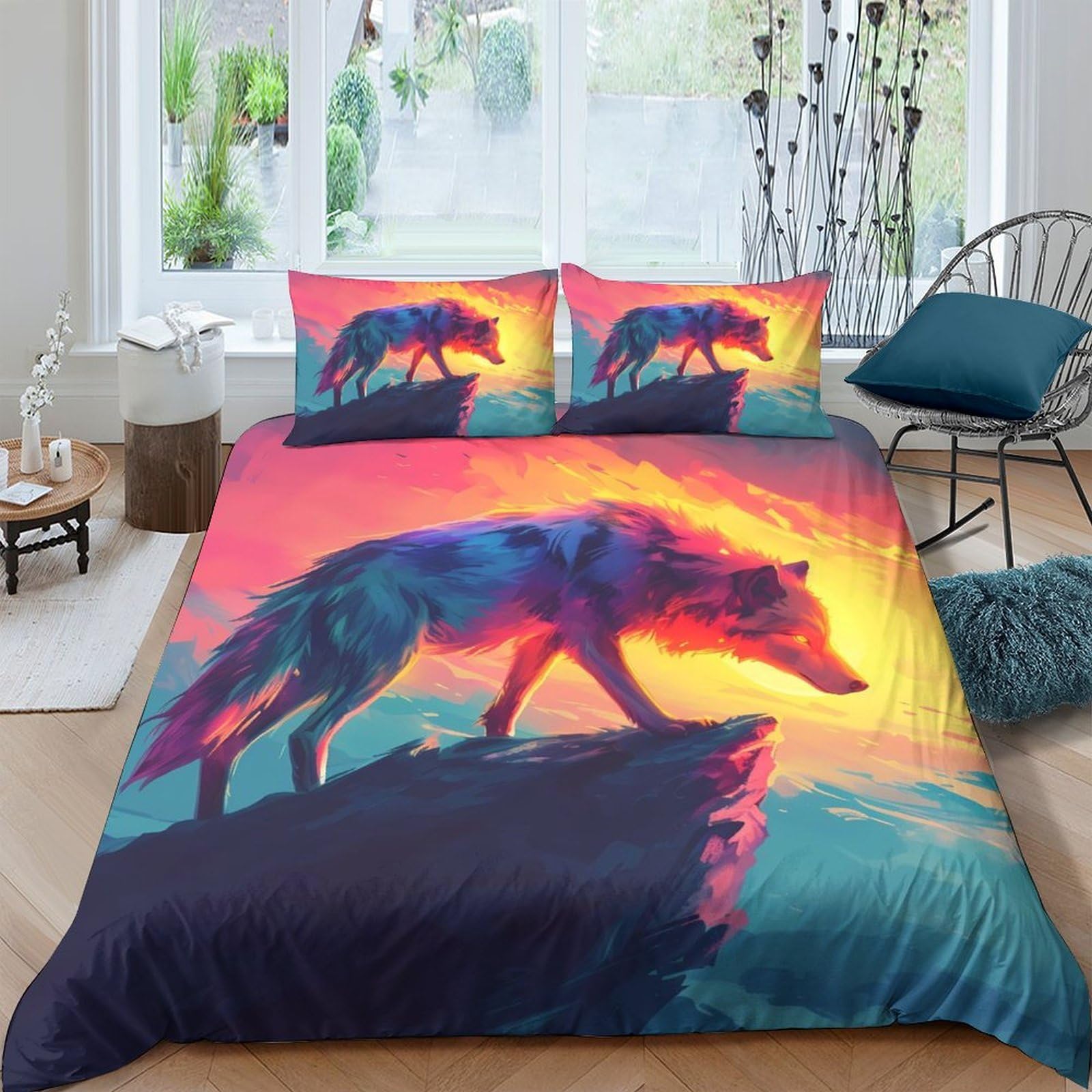 Ctjqhvkz Style-5 3D Printed Sunset Wolf Fitted Sheet Microfiber Soft Anti-Slip Forest Bed Cover For Bedroom Guest Room Decor Single（135X200cm）