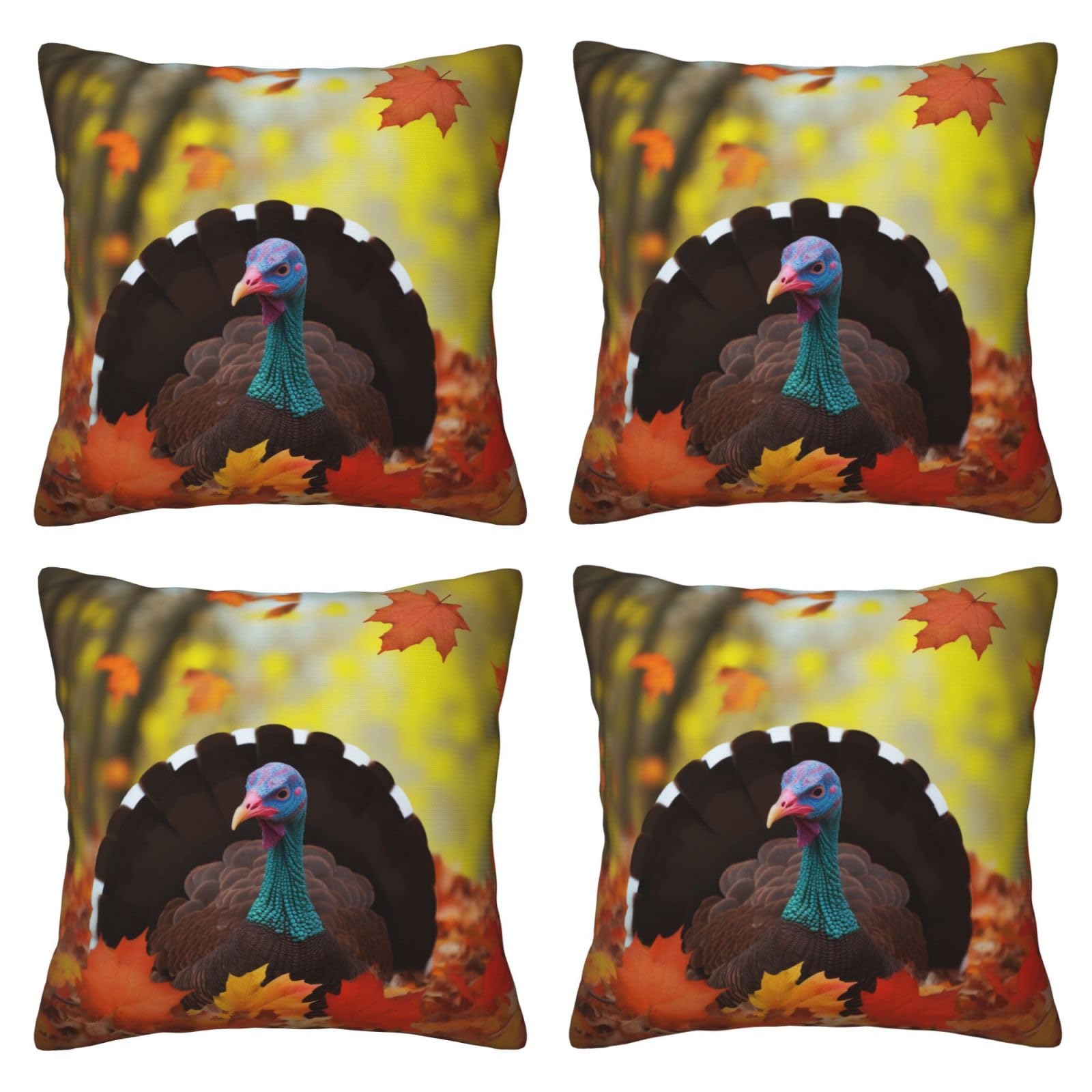 Turkey and Leaves Throw Pillow Cases 4 Pack Square Pillowcases Super Soft Pillow Protectors With Zipper for Couch Livingroom Sofa Bed Office Car,45x45 CM