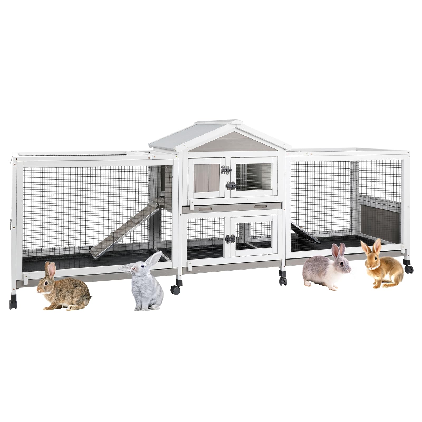 2-Tier Rabbit Hutch with Wheels, Indoor & Outdoor Small Animal Cage with Deep Pull-Out Tray, Anti-Chew Frame, Habitat for Bunny, Guinea Pig, Chinchilla (93" L x 19" W x 35" H)