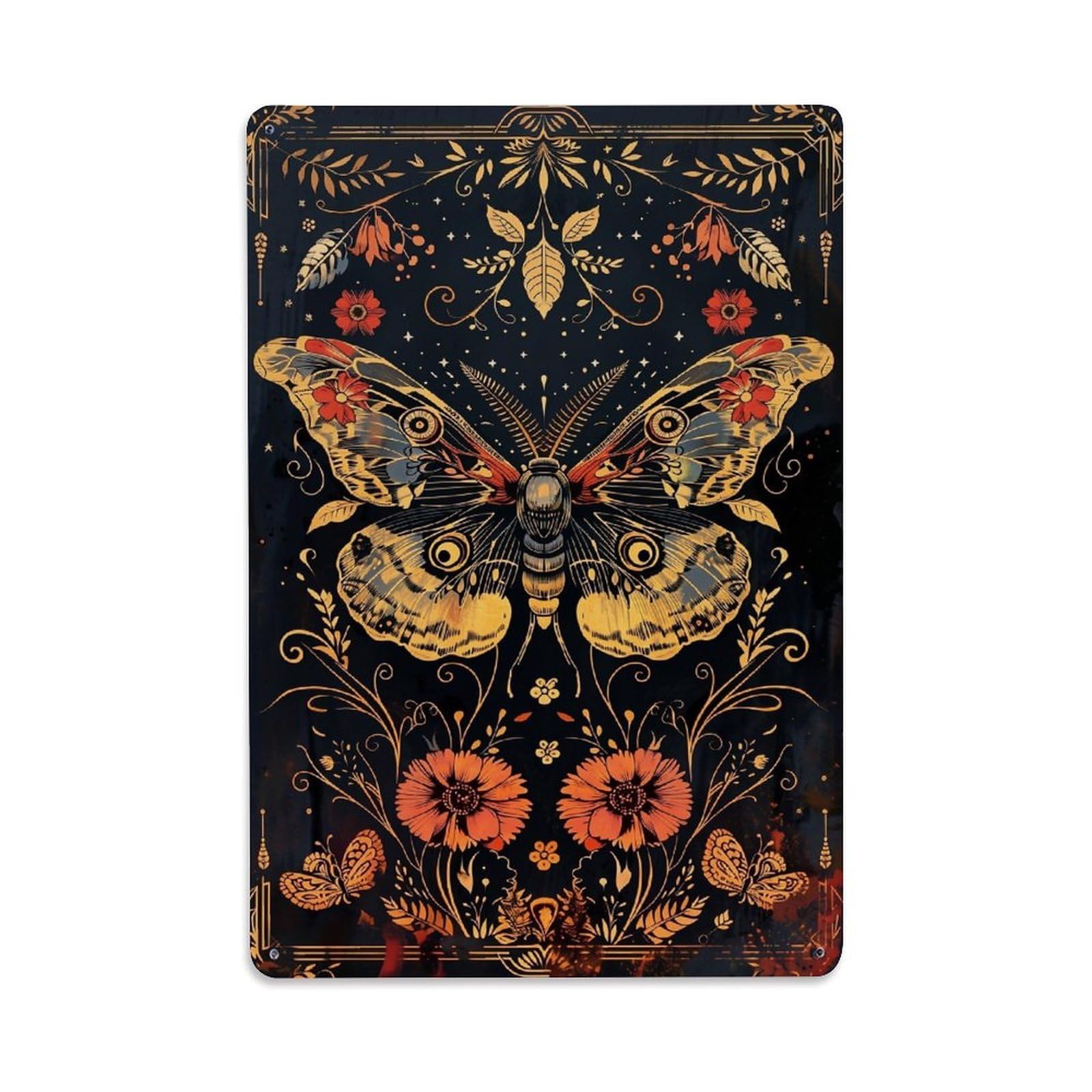 Jdfenggu Vintage Ornate Golden Butterfly Floral Pattern Retro Metal Tin Sign, Metal Poster For Bar, Home, Man Cave, Kitchen, Laundry Room Art Decor 8X12 Inch