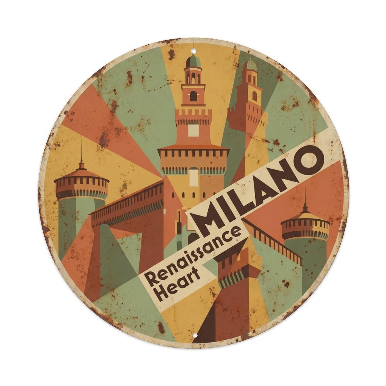 Yrnq Vintage Style Vintage Travel Milano Castle Italy Vintage Metal Tin Sign Plaque Wall Decor For Cafe, Club, Garden Round Metal Poster 8X8inch