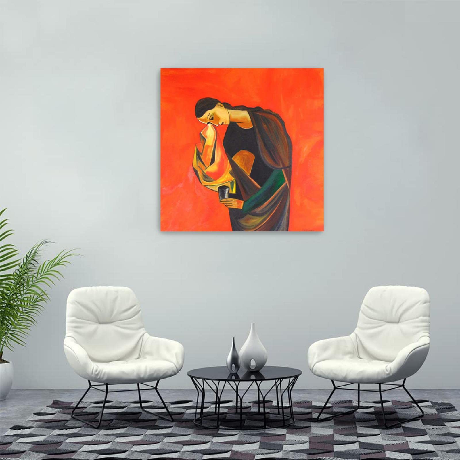 JZSDGB Enmarcado-Carteles e impresiones famosos Oswaldo Guayasamin Reproducciones de pinturas abstractas en lienzo-Señora llorando sosteniendo un vaso-Cuadro de arte de pared 40x40cm(16x16in)