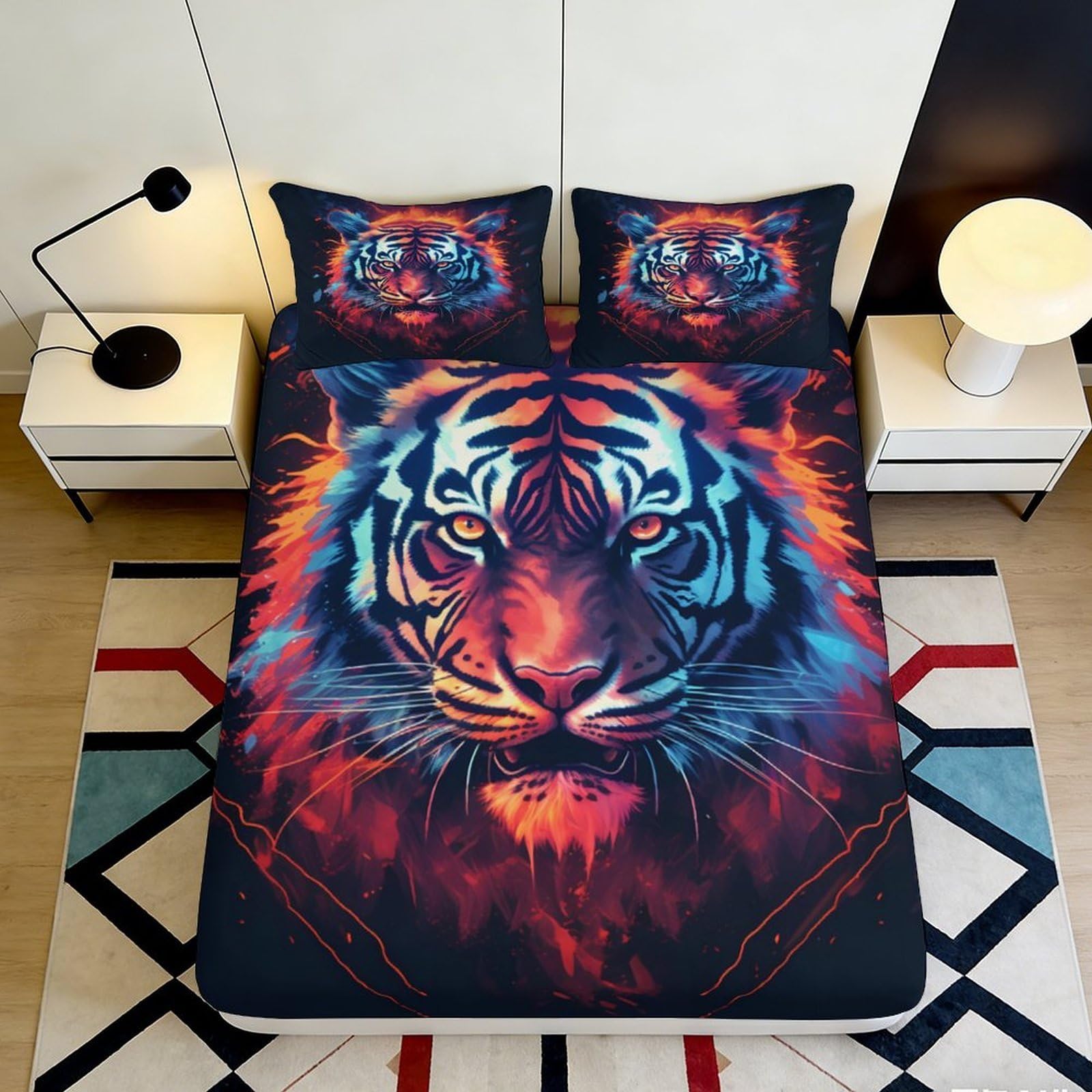 3D Printed Fire Tiger Fitted Sheet Microfiber Soft Anti-Slip Neon Jungle Bed Cover for Bedroom Dorm Mattress Protection Decor 200x200x25cm