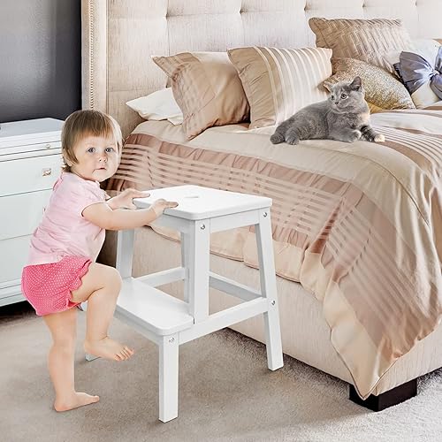 Miniatura 7 de HOUCHICS Taburete de madera para adultos y niños, taburete de madera maciza, taburete multiusos de 2 pasos para cocina, cama, baño (negro)