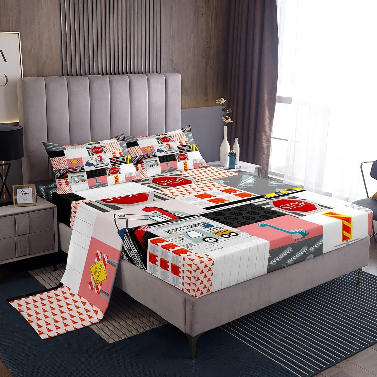 Erosebridal Construction Plaid Twin Sheet Set Cute Dinosaur Sheets, Cartoon Excavator Bulldozer Bed Set Equipment Truck Bed Sheets Set, Cute Tractor Fitted Sheet Microfiber (Red) Truck 06 Twin