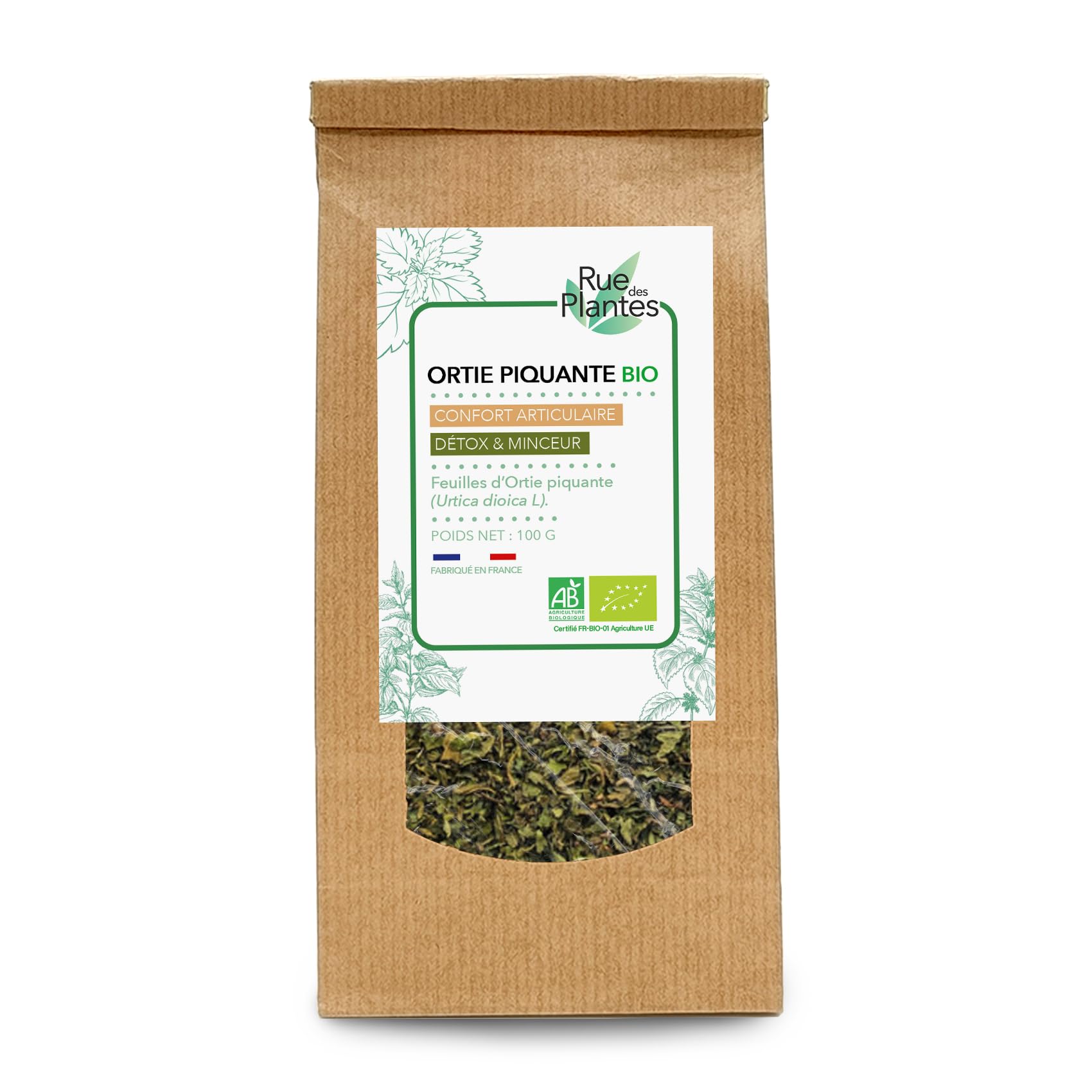 Ortie Piquante Bio 100 g | Infusion Détox Naturelle | Plante qui Favorise le Drainage, la Vitalité et la Reminéralisation | Conditionnée en France, RUE DES PLANTES
