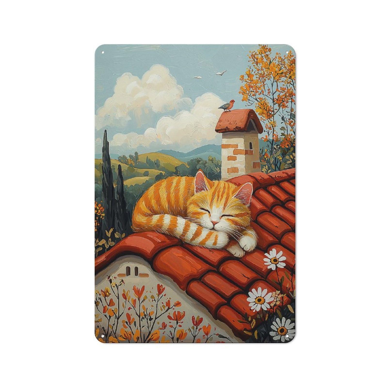 Junmoney Lazy Rooftop Cat – Naïf Cozy Countryside Art Vintage Tin Sign 30X20cm With For Living Room Or Hallway, For Metal Sign Collectors, For Vintage Wall Decor Fans