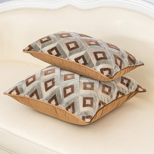 Miniatura 4 de Alerfa Funda de cojín rectangular de terciopelo con bordado geométrico a cuadros, funda de cojín lumbar moderna de lujo para sofá, sala de estar,