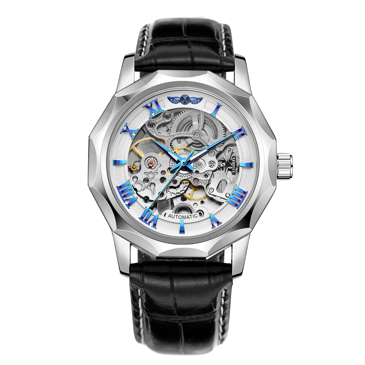 FORSININGMen's Automatic Mechanical Dodecagon Watch Skeleton Roman Numeral Genuine Leather Band Tourbillon Wrist Watch