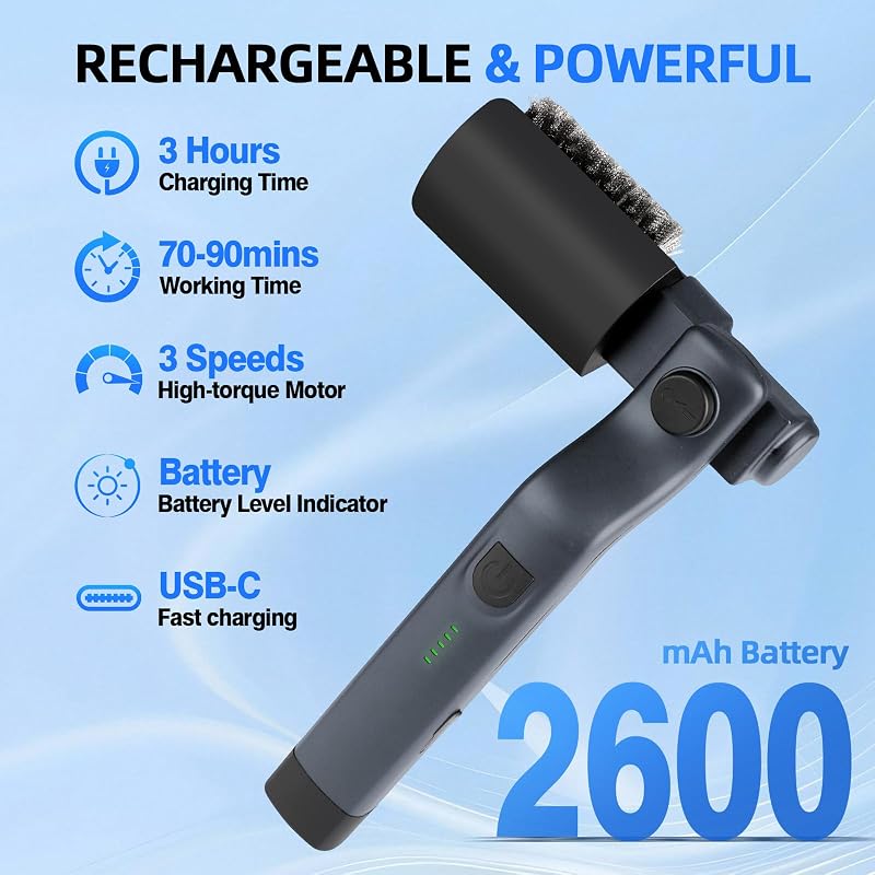 Perie de grătar electrică Mistcado cu acumulator, cap de perie din oțel inoxidabil cu unghi reglabil, 3 trepte de curățare, autonomie de 90 de minute, rezistentă la apă, gri, pentru grătar