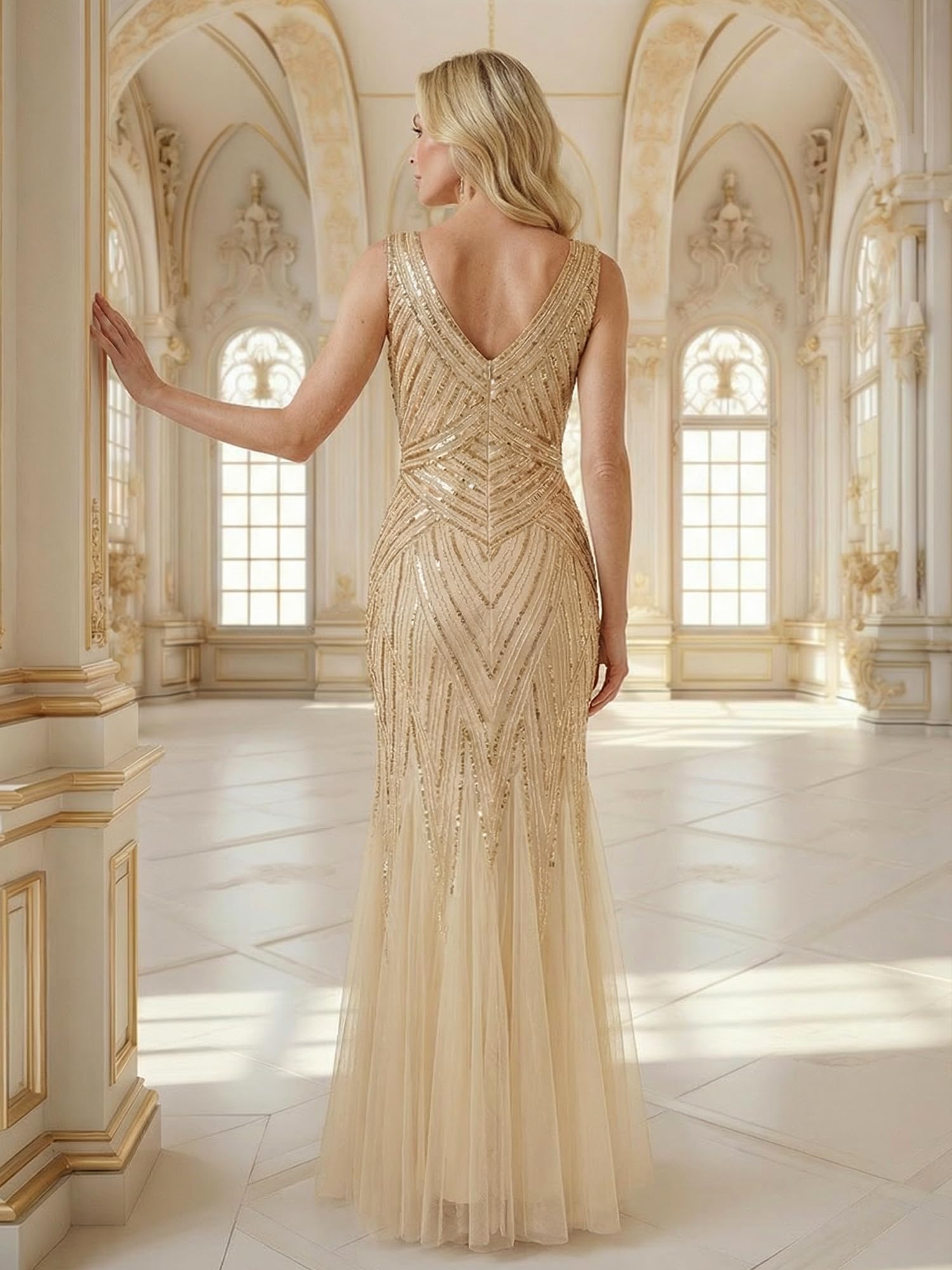 Ever-Pretty Abito Cerimonia Donna Collo a V Senzamaniche Paillente Maxi Gonna a Sirena EE02679