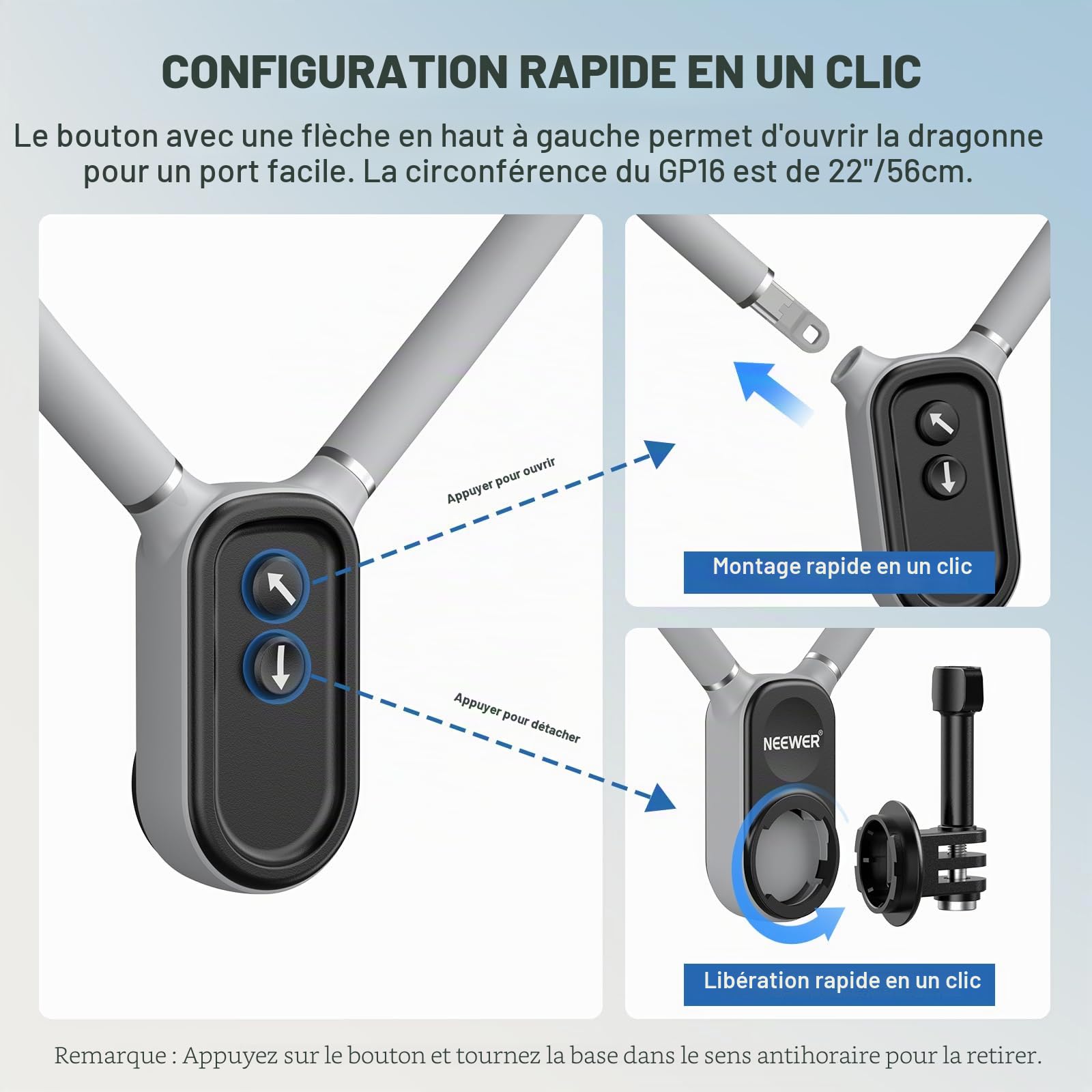 Neewer Support de Cou magnétique pour caméra/téléphone, Mains Libres,Support de Poitrine Compatible avec GoPro DJI Insta360 iPhone15 Android, Support de Cou pour téléphone pour POV Vlog, Gris, GP16