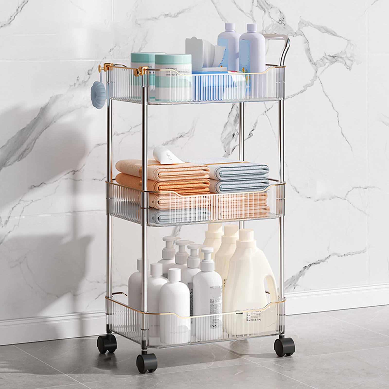 asdchZen Utility Trolley With Shelves - Rolling Acrylic Cart With Lockable Wheels & Handle - Versatile Mobile Storage For Kitchen Bathroom And Home Nization