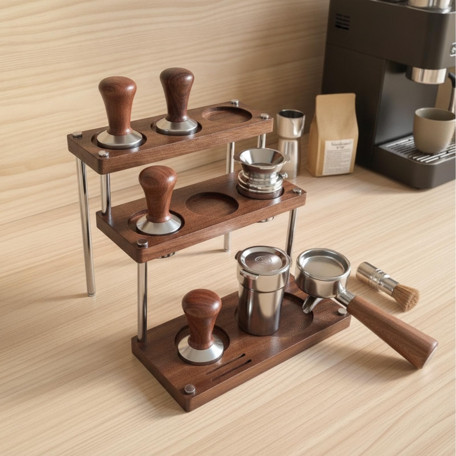 Colcolo Portacaffè in Legno E Struttura in Acciaio Inossidabile Espositore a Più Livelli con Supporti Antiscivolo per Utensili Adatto per Angolo Colazione E , 24 26 22cm , style to 3
