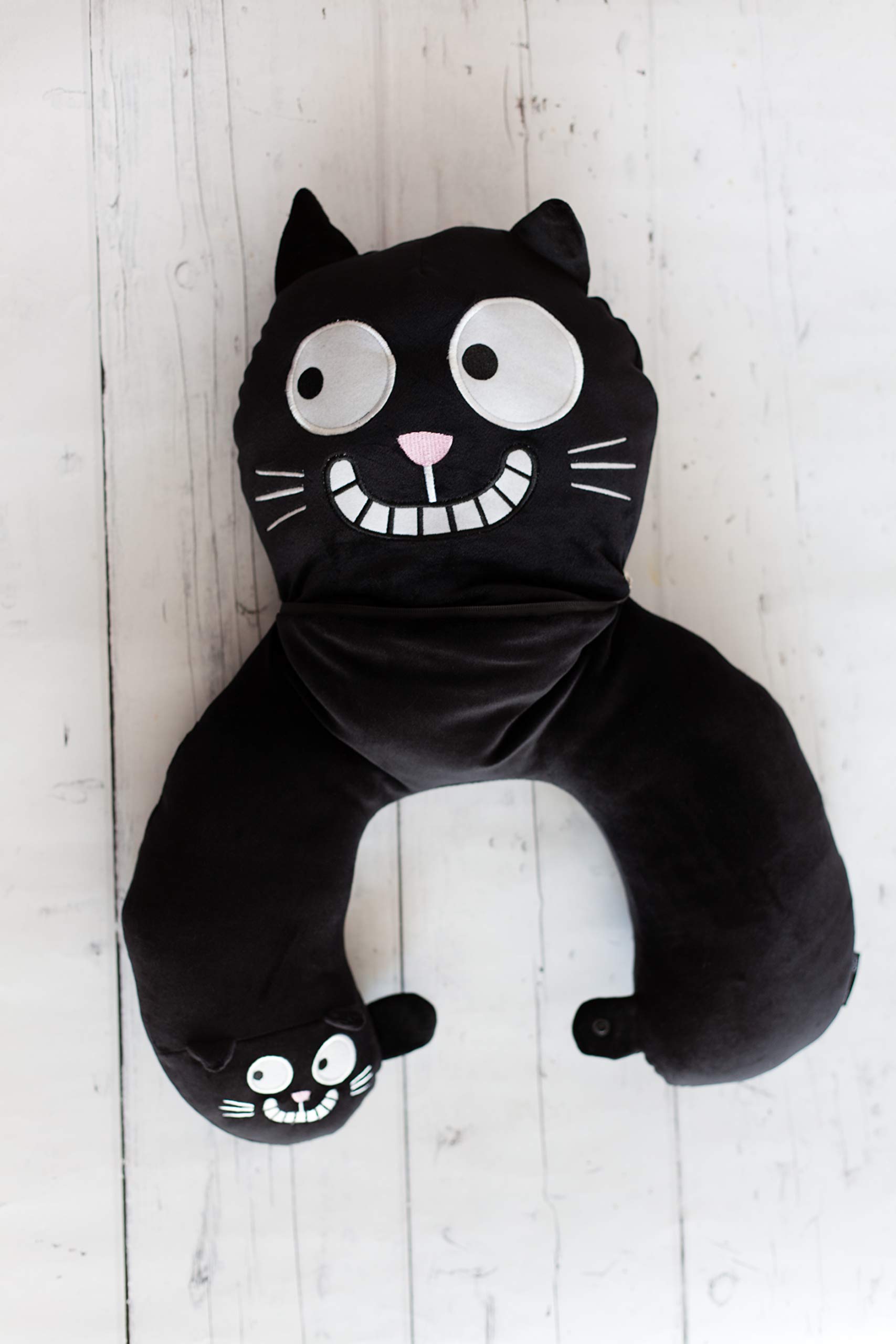 Mojżesz Ed, The Cat Poduszka na kark | 2 w 1 szyjka i poduszka podróżna | Poduszka podróżna w kształcie kota 28 cm czarna, czarny, 28 cm, Poduszka podróżna