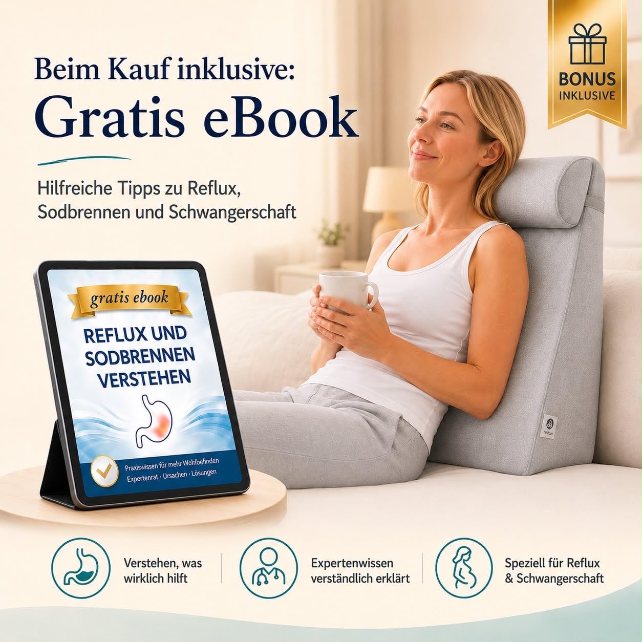 Keilkissen Bett mit Nackenrolle – Reflux Kissen Erwachsene gegen Sodbrennen & Schnarchen, Ergonomischer Matratzenkeil für erhöhte Schlafposition, besseren Schlaf & Rückenentlastung