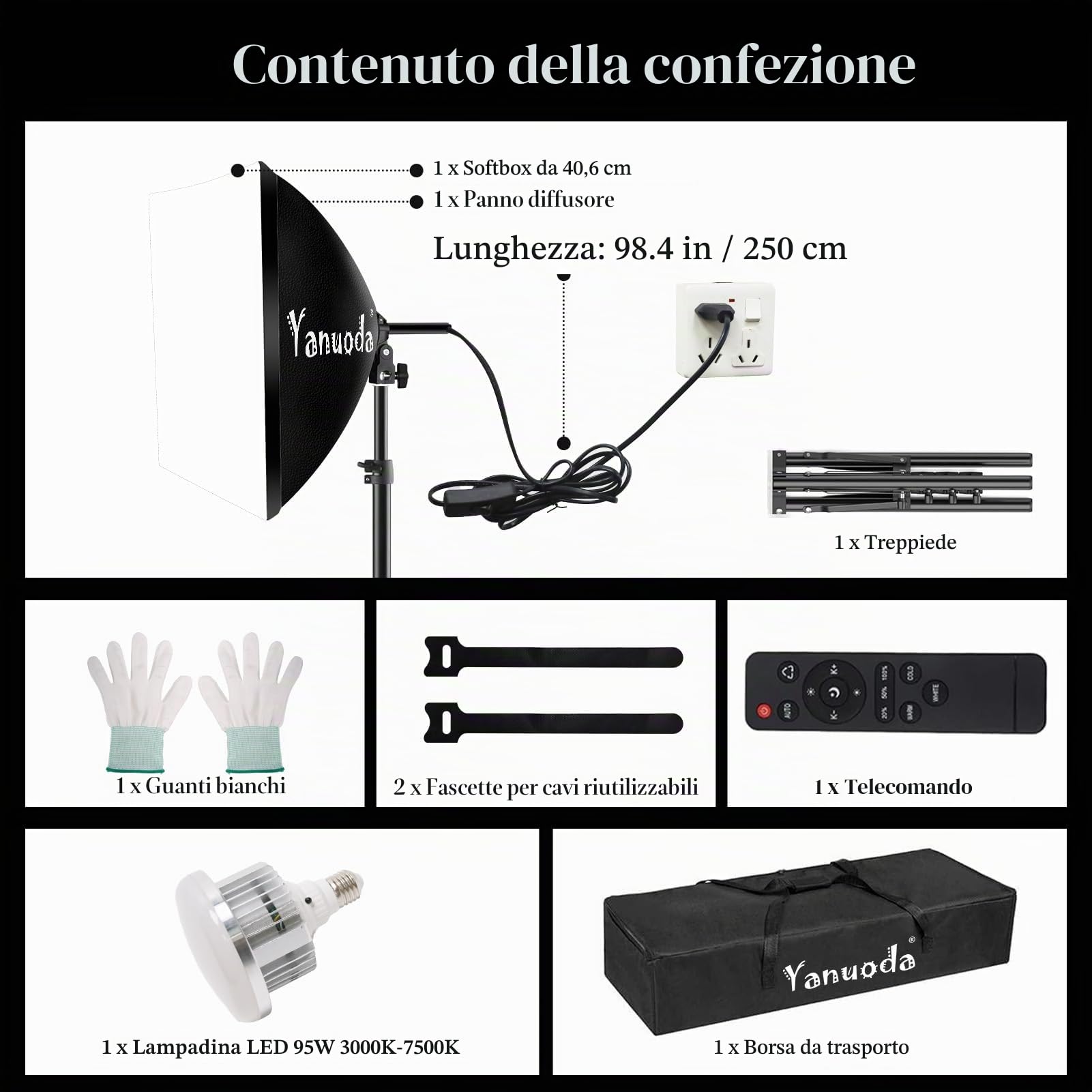 40x40cm Kit Softbox LED con Telecomando, Luce Fotografica con Lampadine 7500K e 160 cm Treppiede, 3 Temperature Colore, Luminosità Regolabile - Luce da Studio per Foto, Video, YouTube e Streaming