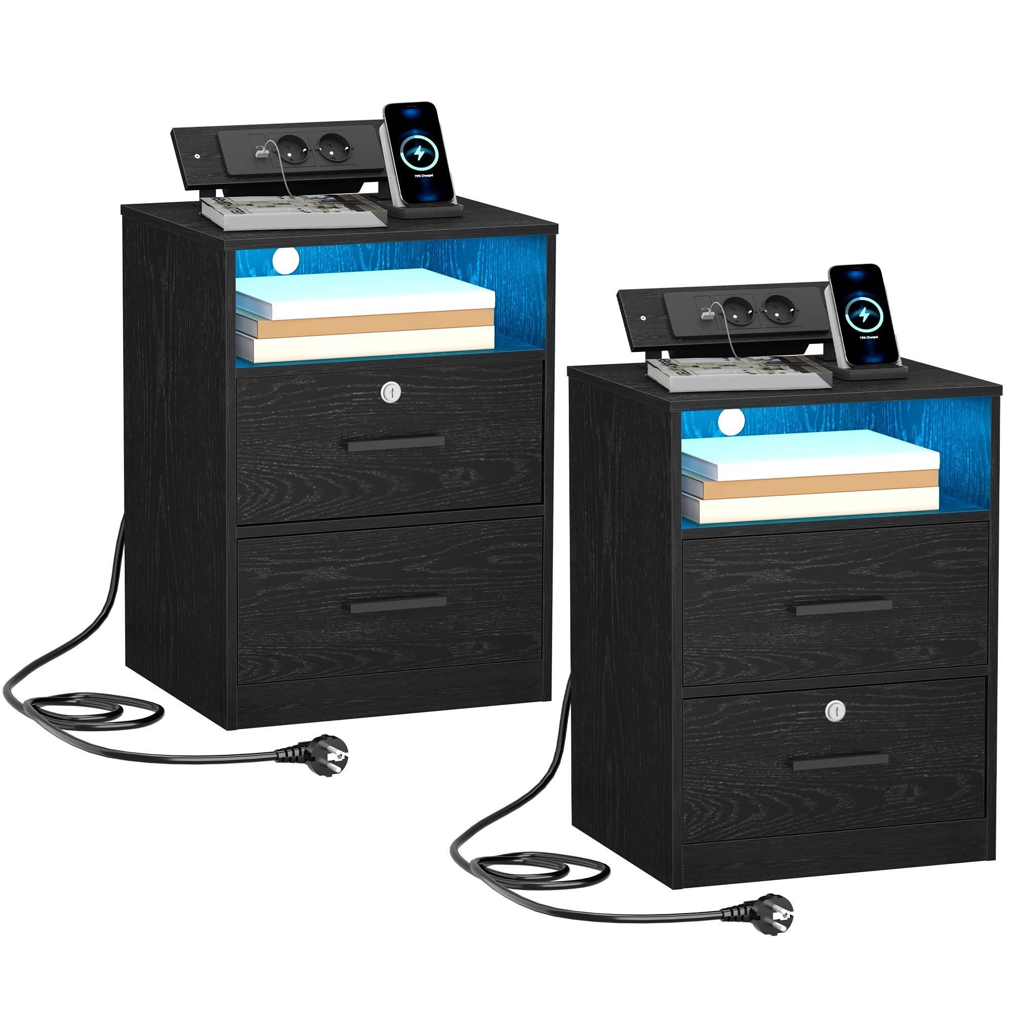 Hzuaneri Mesitas de Noche Juego de 2, con Poste de Carga, Puertos USB y Tipo C, Mesa Auxiliar con Luces LED, 1 Compartimento Abierto y 2 Cajones, para Dormitorio, Sala, Negro NS36704X