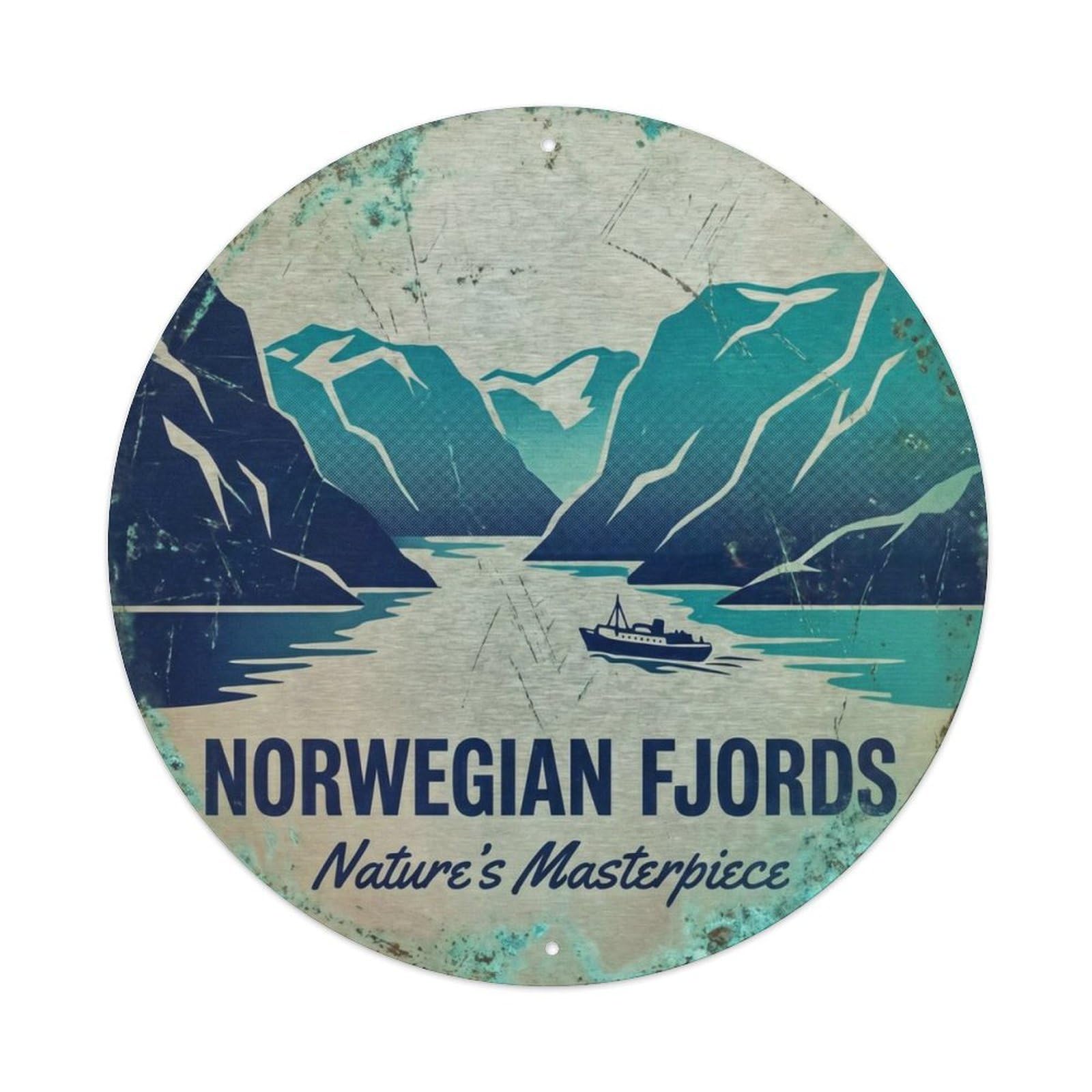 Fjord Majestic Study Waterway Metal Tin Sign Plaque Wall Decor for Cafe, Club Bar, Office, Home Garden Round Metal Poster 8x8Inch