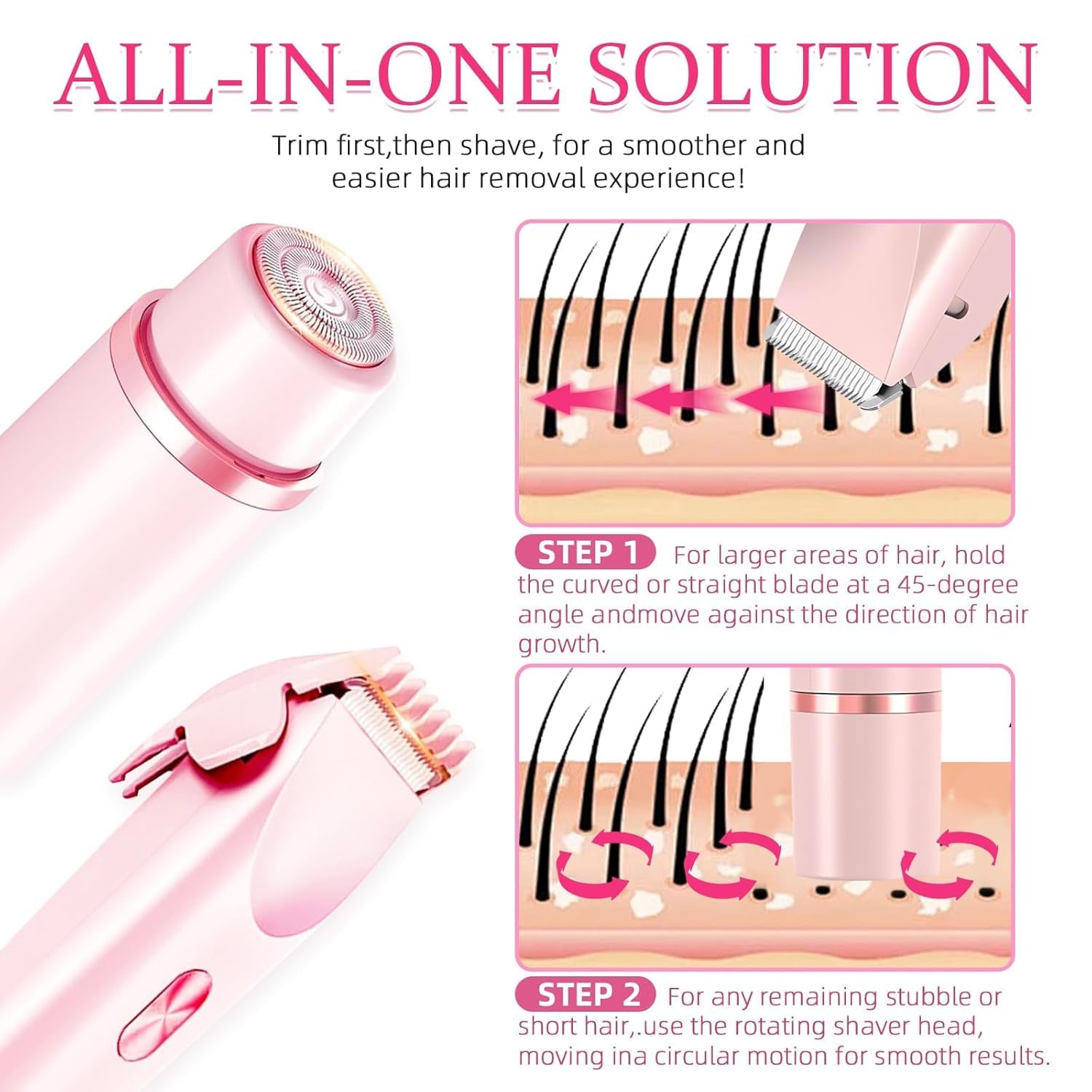 Rasoir Klyne Tondeuse 2 en 1 bikini rechargeable à double tête pour femmes et hommes, Recharge USB, Étanche IPX7, Sans douleur Tondeuse Intime, Utilisation Humide et Sèche (Rose) (Rose) - 5