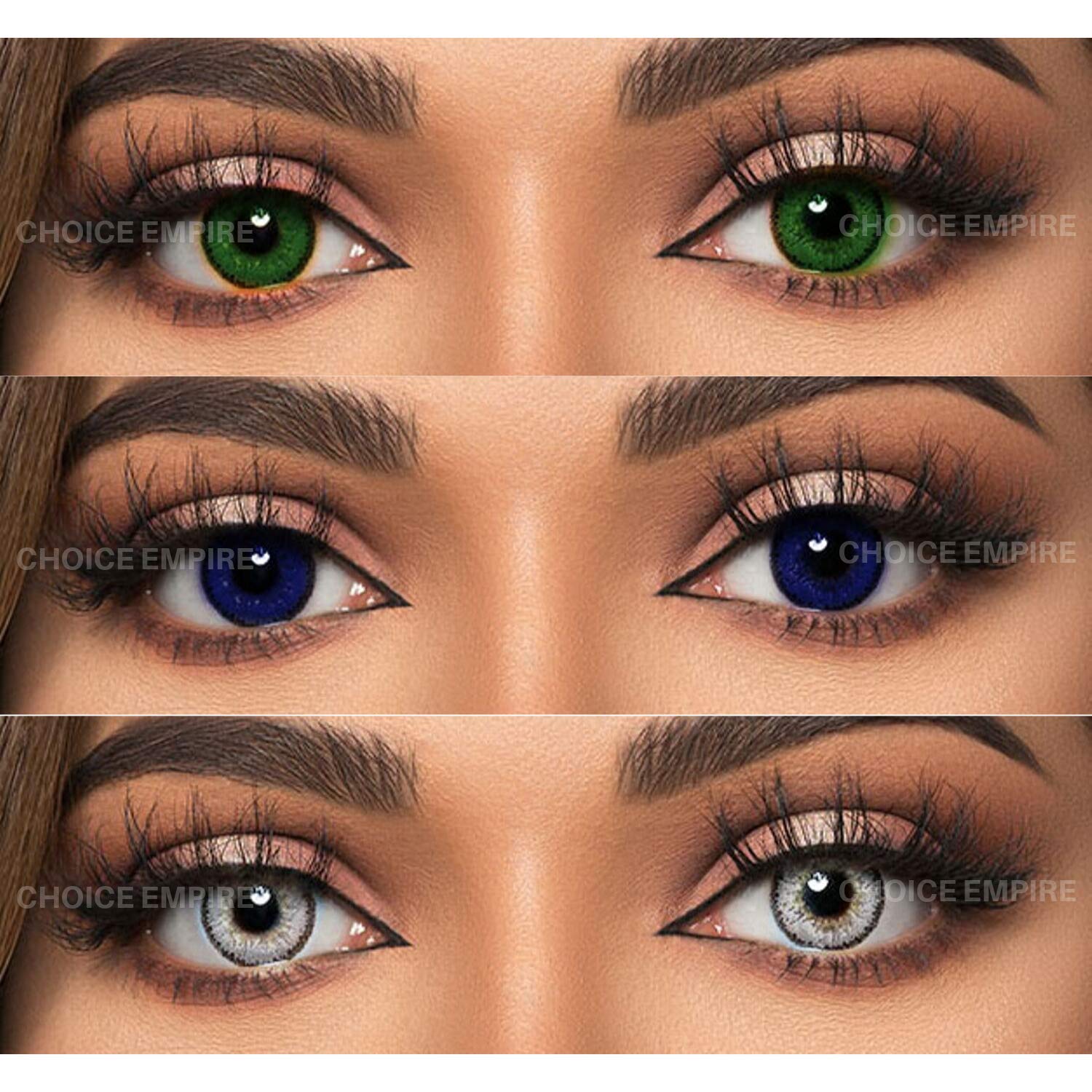 Choice Empire 3 Pair Monthly Color Contact Lenses 0 Power with Lens Case (Dark Green,Dark Blue,Grey)