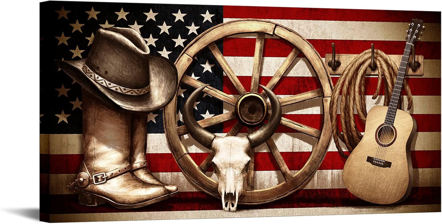 Artmyharbo Western Decor 20 x 40 inches Cowboys Canvas Print Pictures USA Flag Background