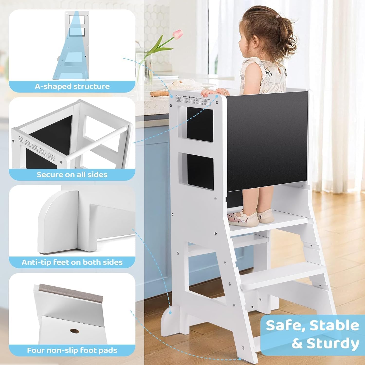 Torre para niños pequeños con planos ajustables de 3 alturas, tablero blanco magnético y negro extraíble