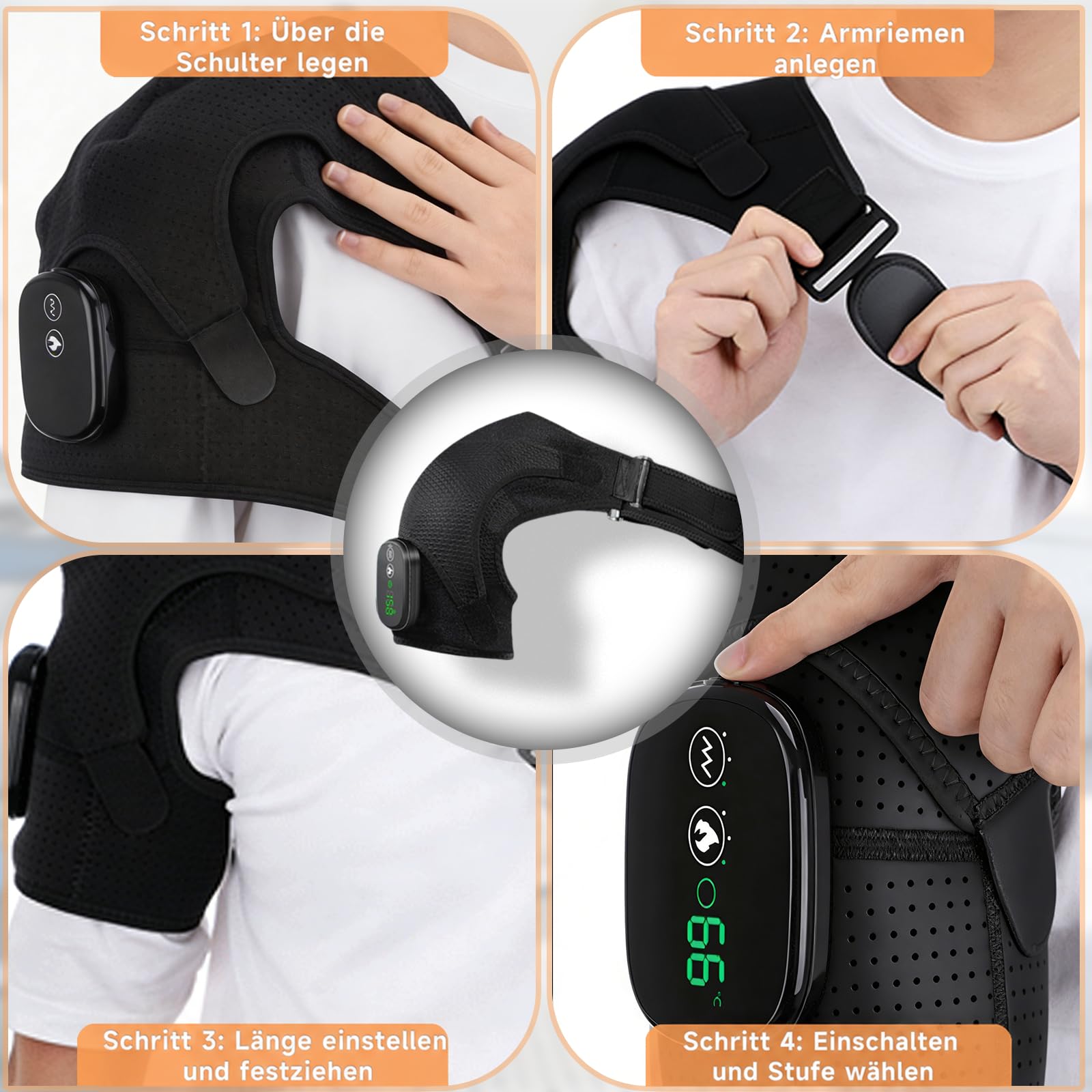 schulter massagegerät mit Wärme & Vibration, Kabellose Beheizte Schulterstütze mit 5000mAh Akku, 3 Heizstufen und 3 Vibrationsmodi, Verstellbare Schulterbandage für Männer Frauen Links/Rechts Schulter