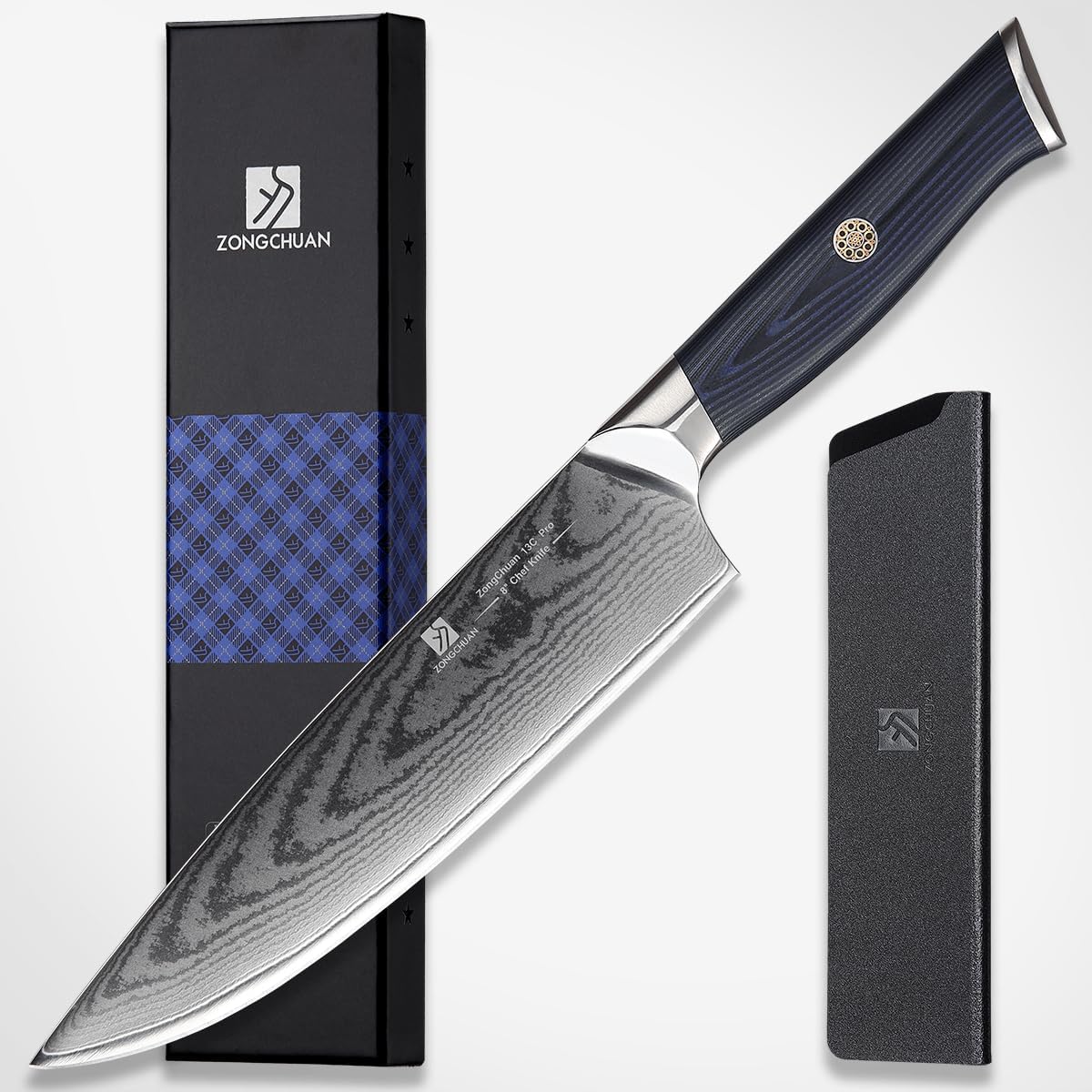Chef Knife,8inch Damascus knife,67-Layer High Carbon Stainless Steel Kitchen Knife,Professiona Sharp Cutting Knives with Ergonomic G10 Blue Black Handle,Gift Box for Home and Kitchen Birthday Gift
