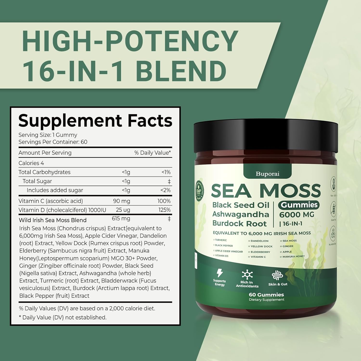 Sea Moss Gummies 16-1, Black Seed Oil Ashwagandha Turmeric Bladder Wrack Vitamin C Vitamin D3 Elderberry Manuka Dandelion Yellow Dock Apple Cider Vinegar for Men & Women - Image 3
