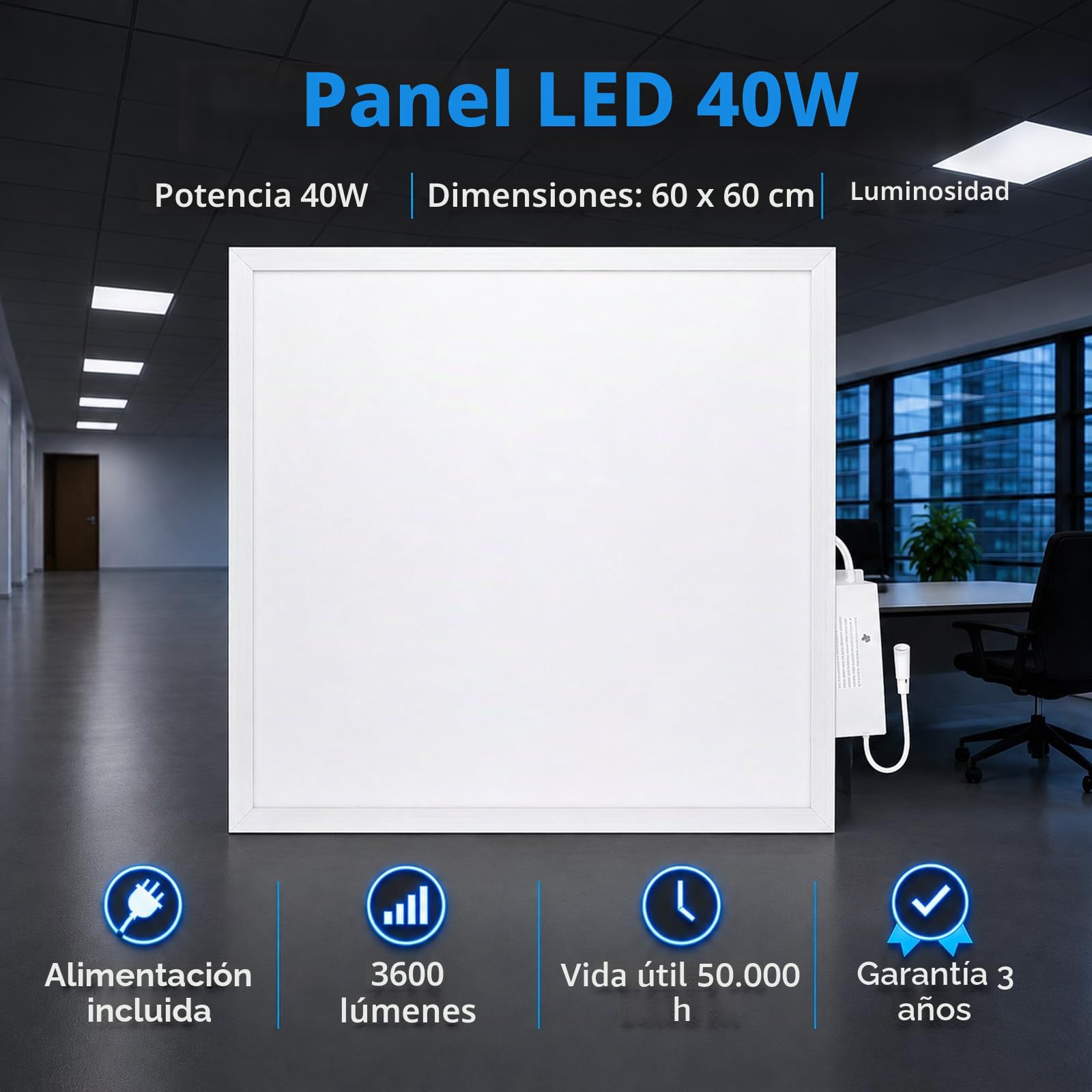 Europalamp - Pack de 4 paneles LED - 60 x 60 cm - 40 W - Blanco frío 6000 K - alta luminosidad, varios modelos disponibles