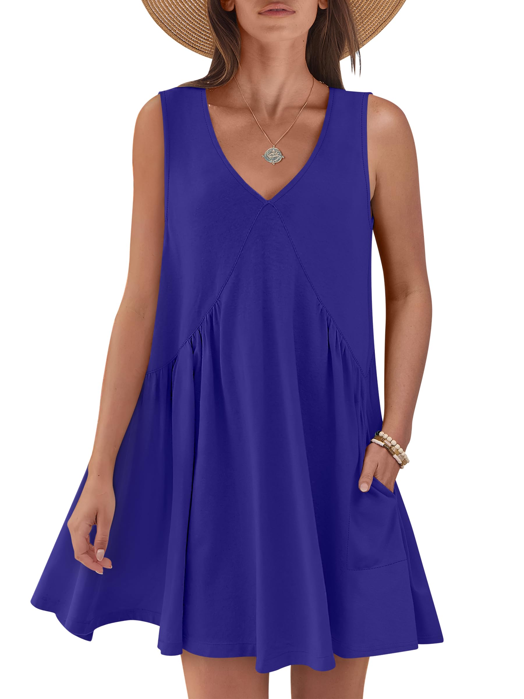 Caracilia Womens Summer Beach Cover Up Mini Dresses Casual Sleeveless Loose V Neck Swing Flowy Sundress Cruise Resort Wear