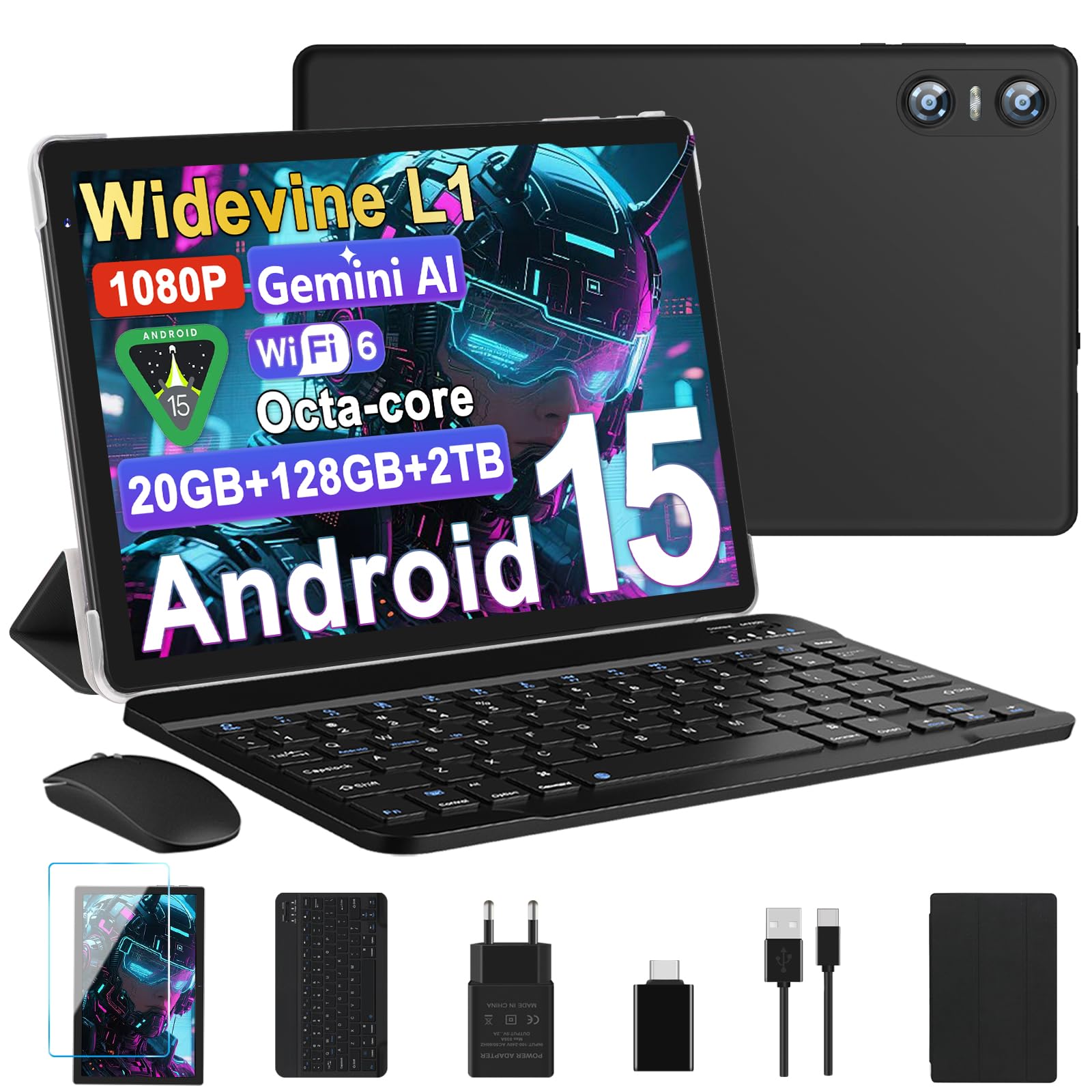 2026 Dernier Tablette 10 Pouces Android 15 avec Gemini AI, 20GO RAM + 128Go ROM, Octa-Core, 5G WiFi 6, Widevine L1, GMS, GPS, BT 5.0, 6000mAh, 5MP+8MP, Tablette avec Clavier+Souris et Cas - Noir