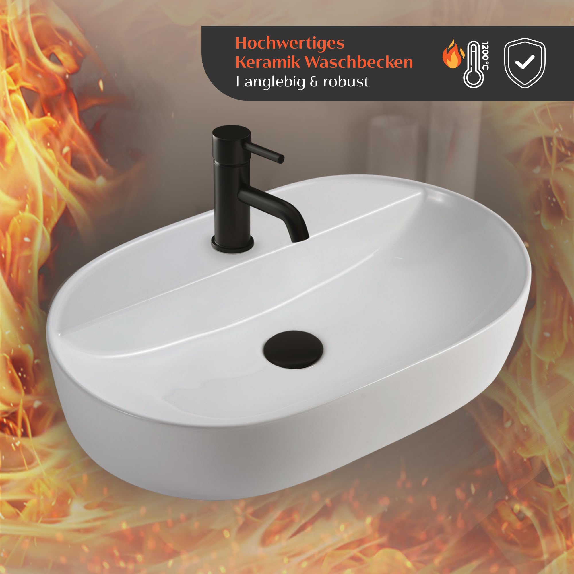 Alpenberger Waschbecken 60 cm Breit | Aufsatzwaschbecken Oval | Waschschüssel mit Nano für Badezimmer und Gäste WC | Waschtisch Klein | Waschschale mit Hahnloch