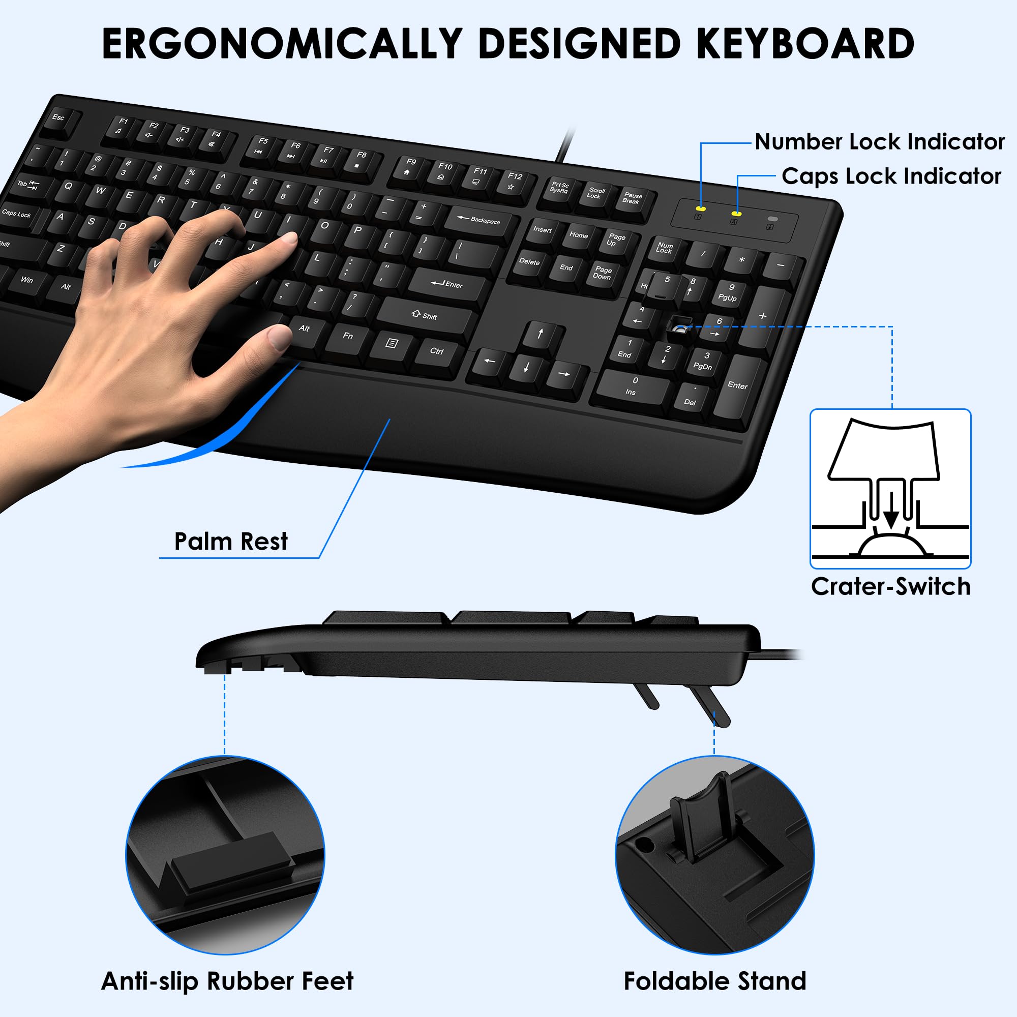 Wired Keyboard and Mouse Combo, EDJO Ergonomic Full-Sized Computer Keyboard with Palm Rest and Optical Wired Mouse for Windows, Mac Computer/Laptop/Desktop-Upgraded