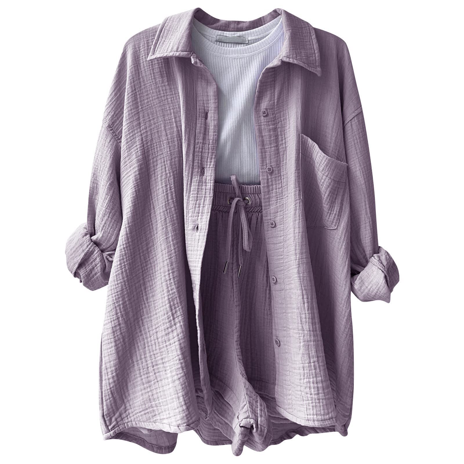 GOSEAGOTOFUN Two Piece Travel Sets for Women Long Sleeve Button Down Shirts and Shorts Set Casual Summer Oversized Tracksuit