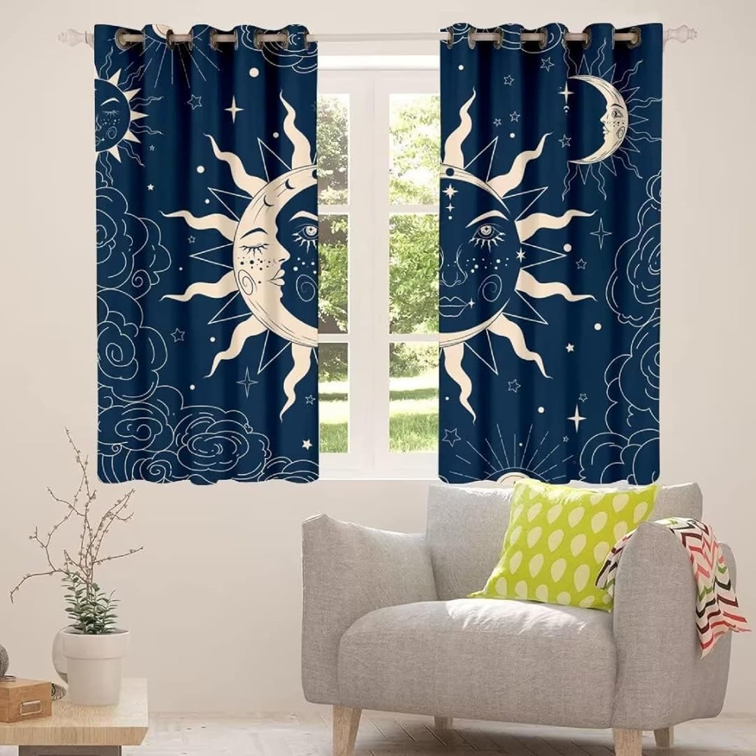 kxry Sun and Moon Blackout Curtains for Bedroom Living Room Navy Blue Boho Celestial Darkening Grommet Curtain 63 Inches Long Window Drapes Treatment Room Decor,2 Panels Set, 42''W x 63''L