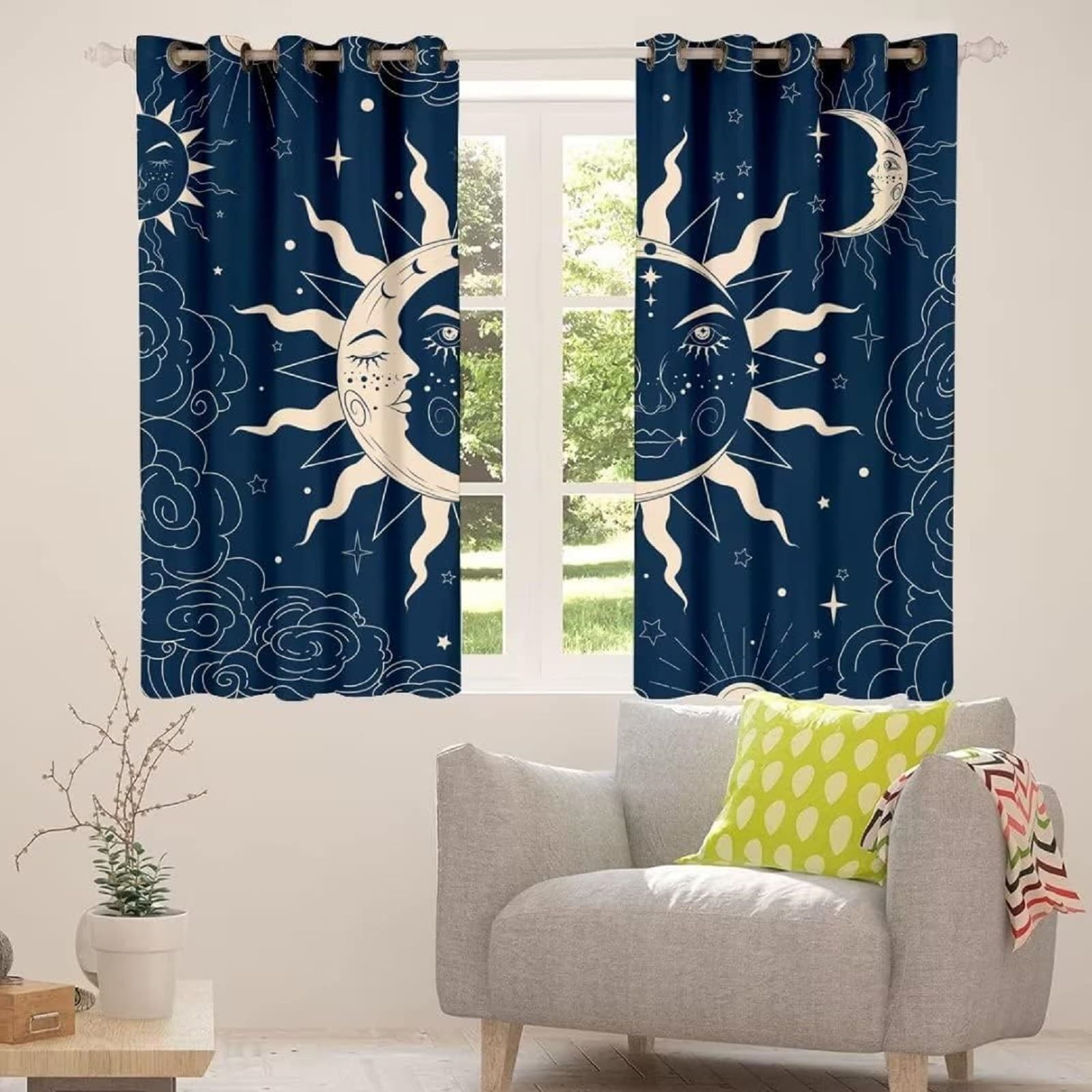 kxry Sun and Moon Blackout Curtains for Bedroom Living Room Navy Blue Boho Celestial Darkening Grommet Curtain 84 Inches Long Window Drapes Treatment Room Decor,2 Panels Set - Image 3