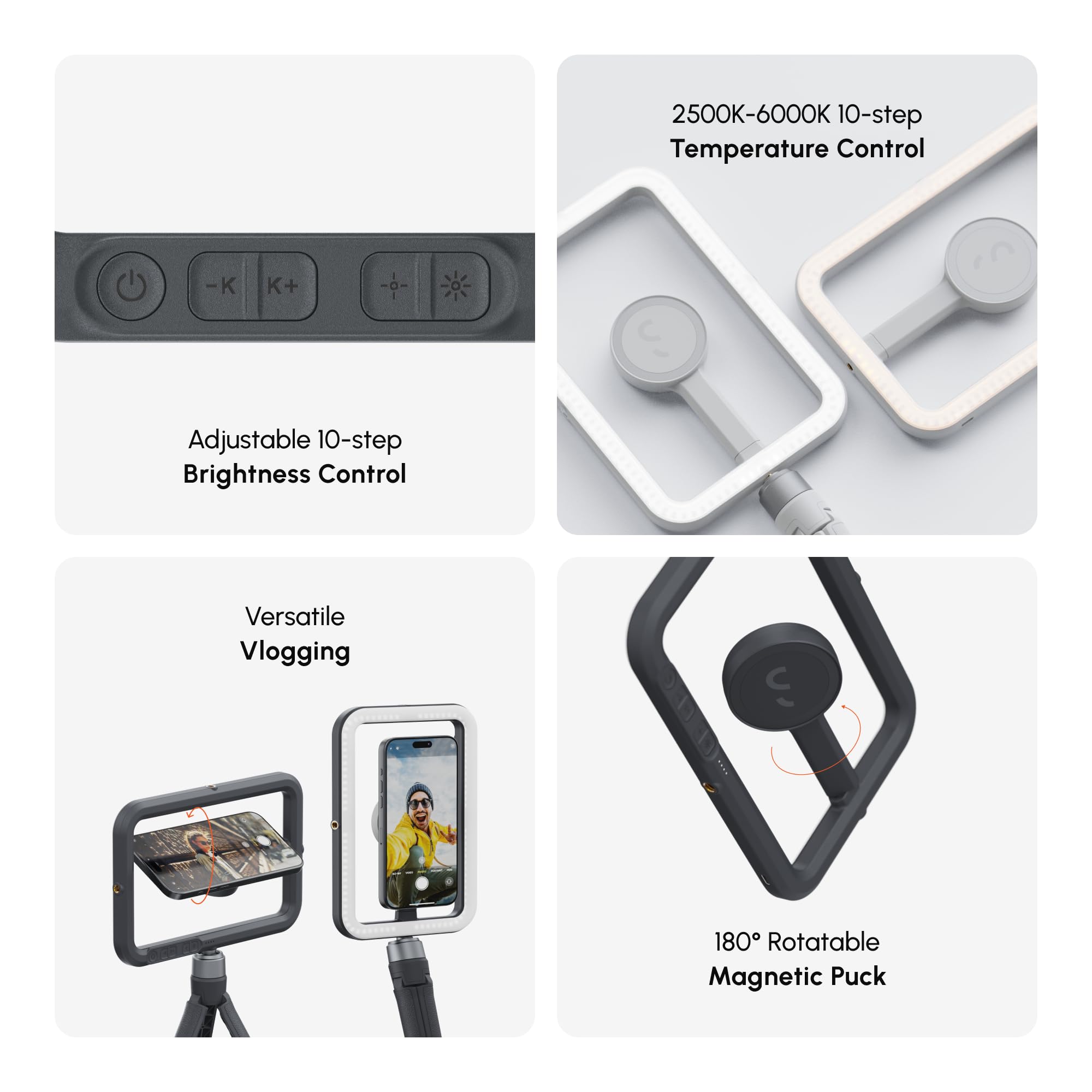 ShiftCam SnapStudio Light - Anillo de luz LED magnético con brillo ajustable, temperatura ajustable, carga USB-C, compatibilidad MagSafe, ideal para vlogging y fotografía móvil (medianoche)