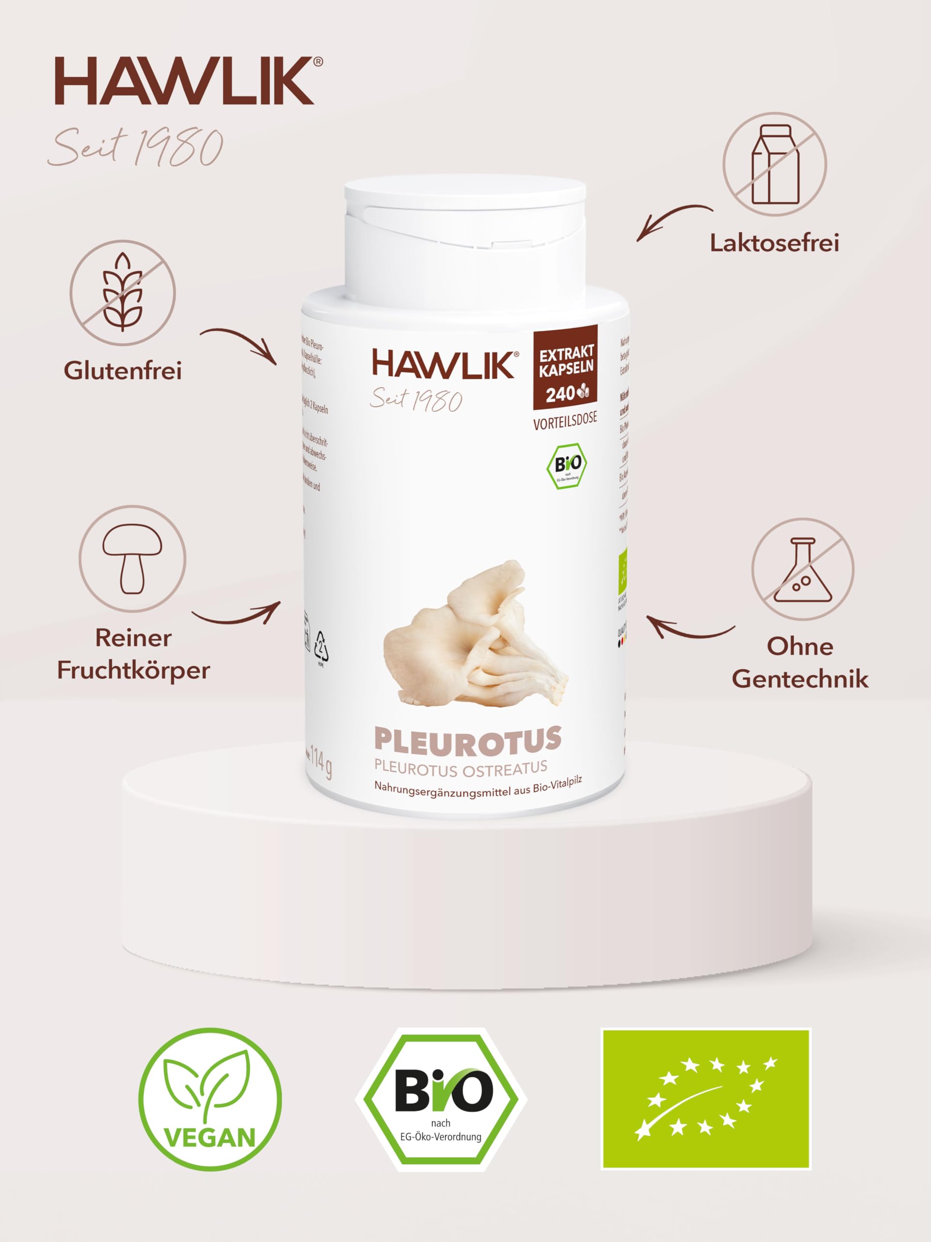 HAWLIK Vitalpilze Pleurotus Extrakt Kapseln - 240 Kapseln - Mit Vitamin C - Natürlicher Anbau - Vegan - Zuckerrohr-Dose
