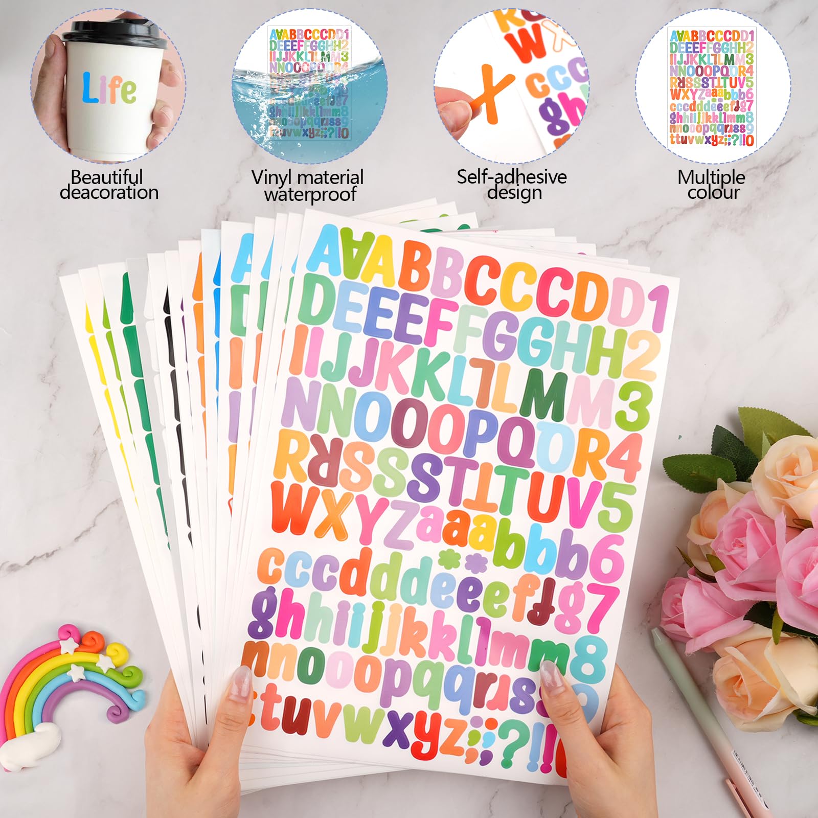 Lot De 416 Lettres Autocollantes Vinyle Multicolores | 8 Feuilles Grands Et Petits Caractères | Résistantes Aux Intempéries | Pour Déco, Scrapbooking, Panneaux
