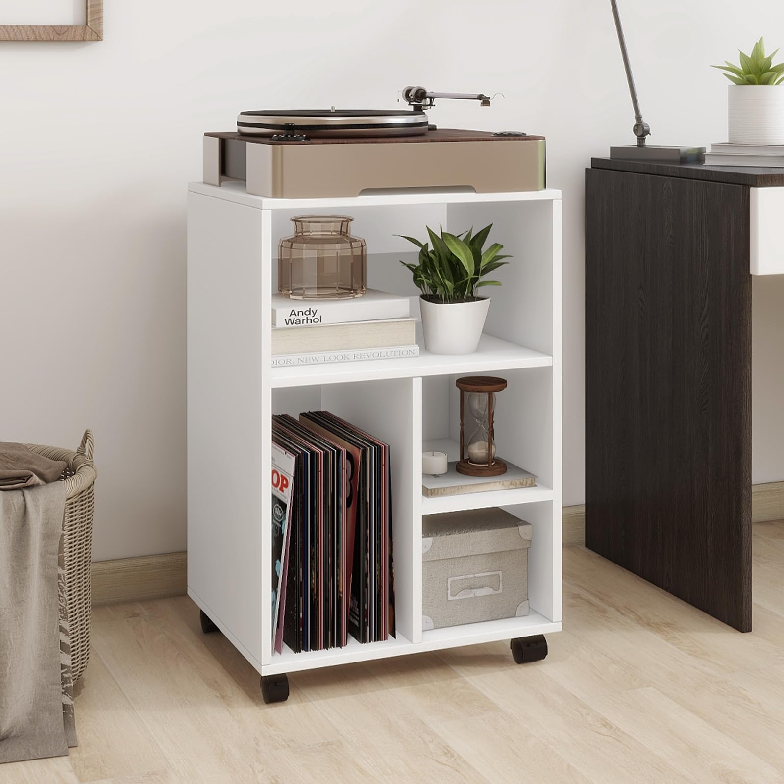 PUNCIA Mueble para Impresora con Ruedas Archivador Auxiliar Oficina de Madera con 4 Estantes Ajustables Mesa de Impresora Armario Móvil para Documentos DIN A4 Carro de Despacho Estudio Blanco