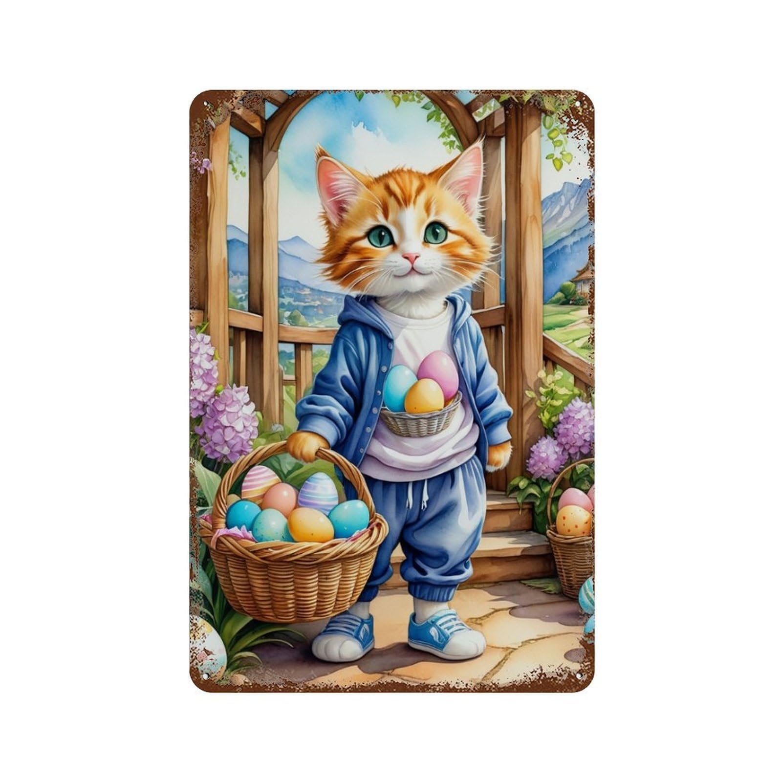 Easter Egg Basket Cat Decorative Tin Sign 11.8"x7.9", Shabby Chic Decor for Garage, Pub Or Kitchen