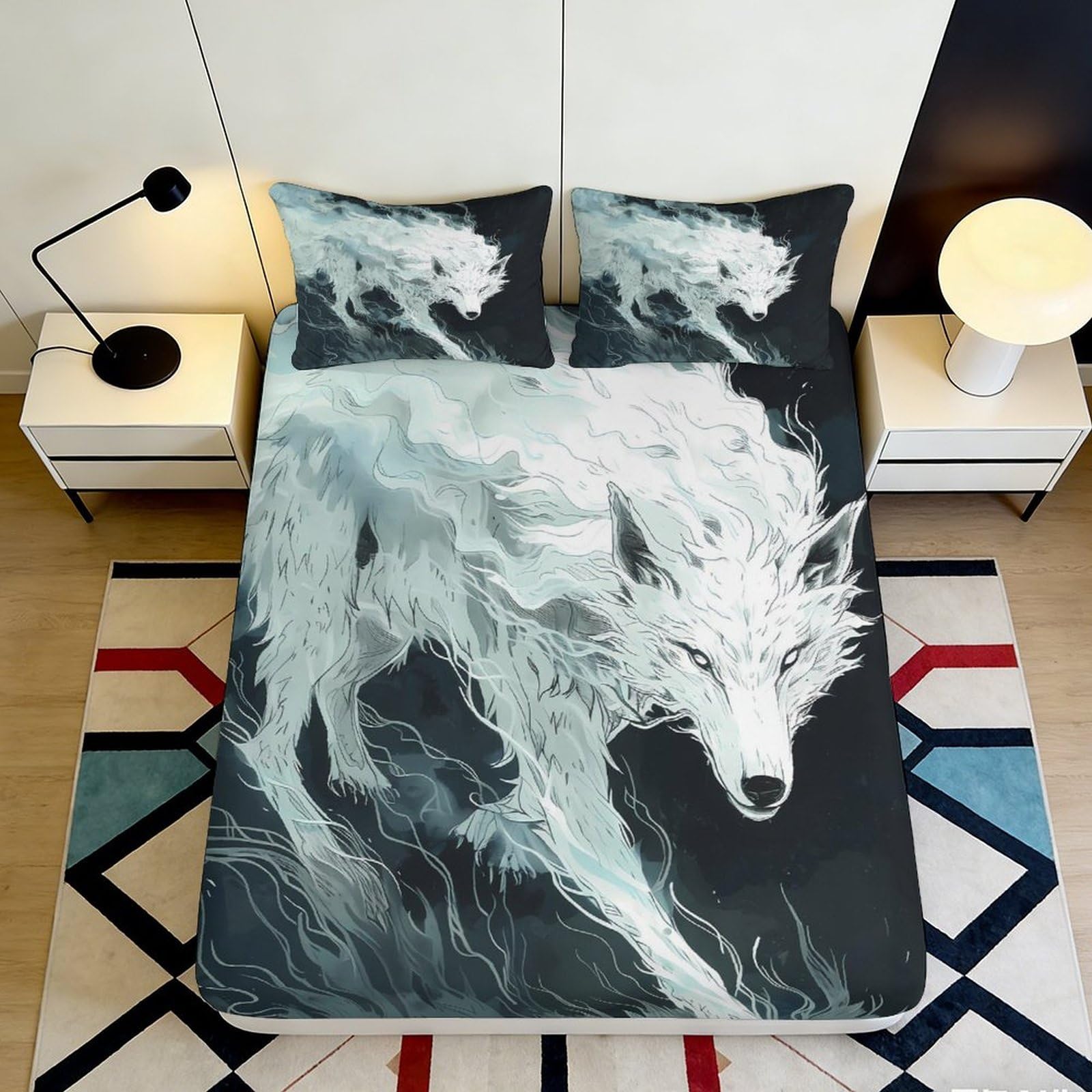 3D Printed White Wolf Fitted Sheet Microfiber Soft Breathable Fire Spirit Bed Cover for Bedroom Dormitory Guest Room Mattress Protection Decor 90x200x25cm